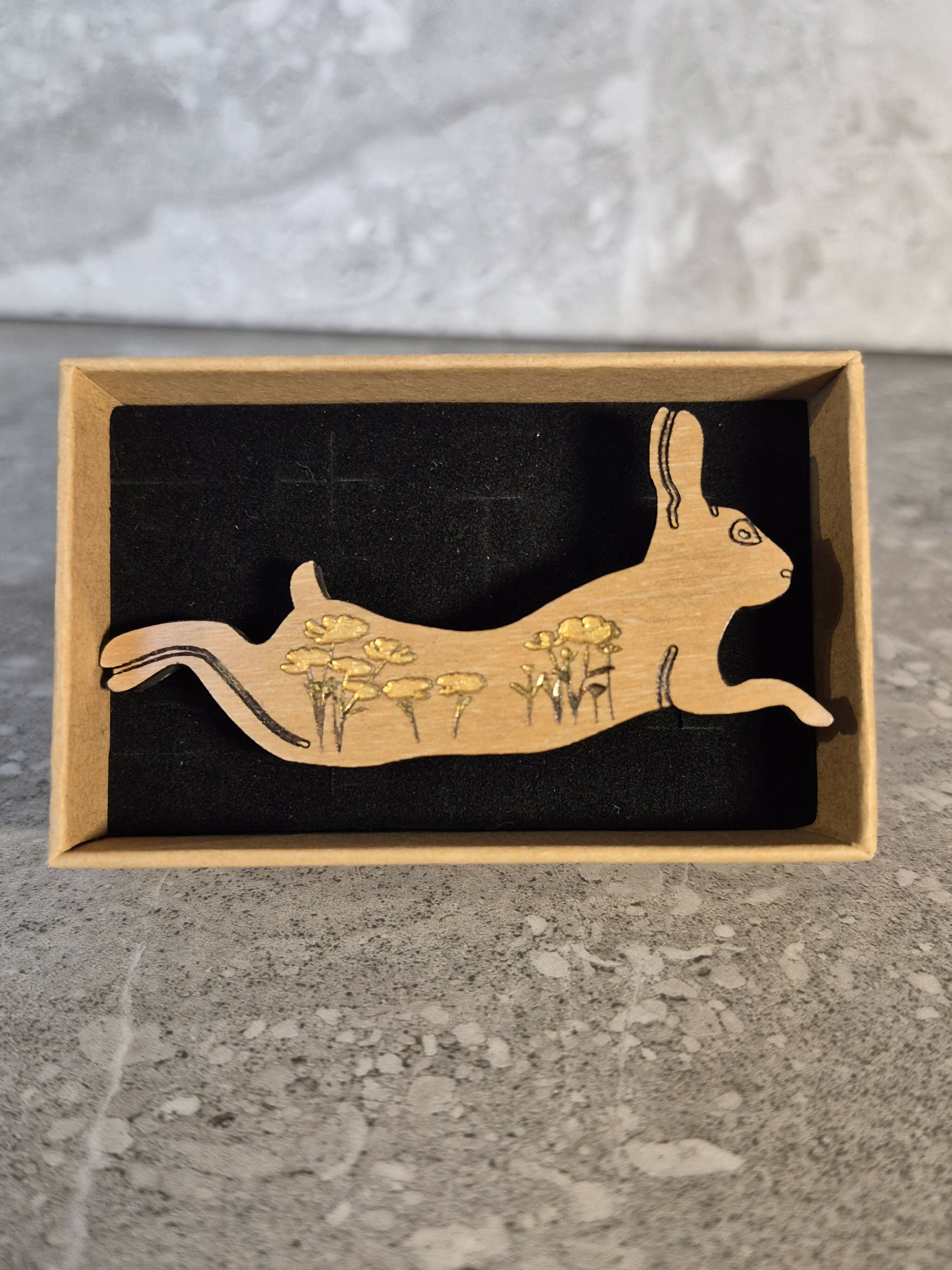 Handcrafted Cherry Veneered Leaping Hare Pin