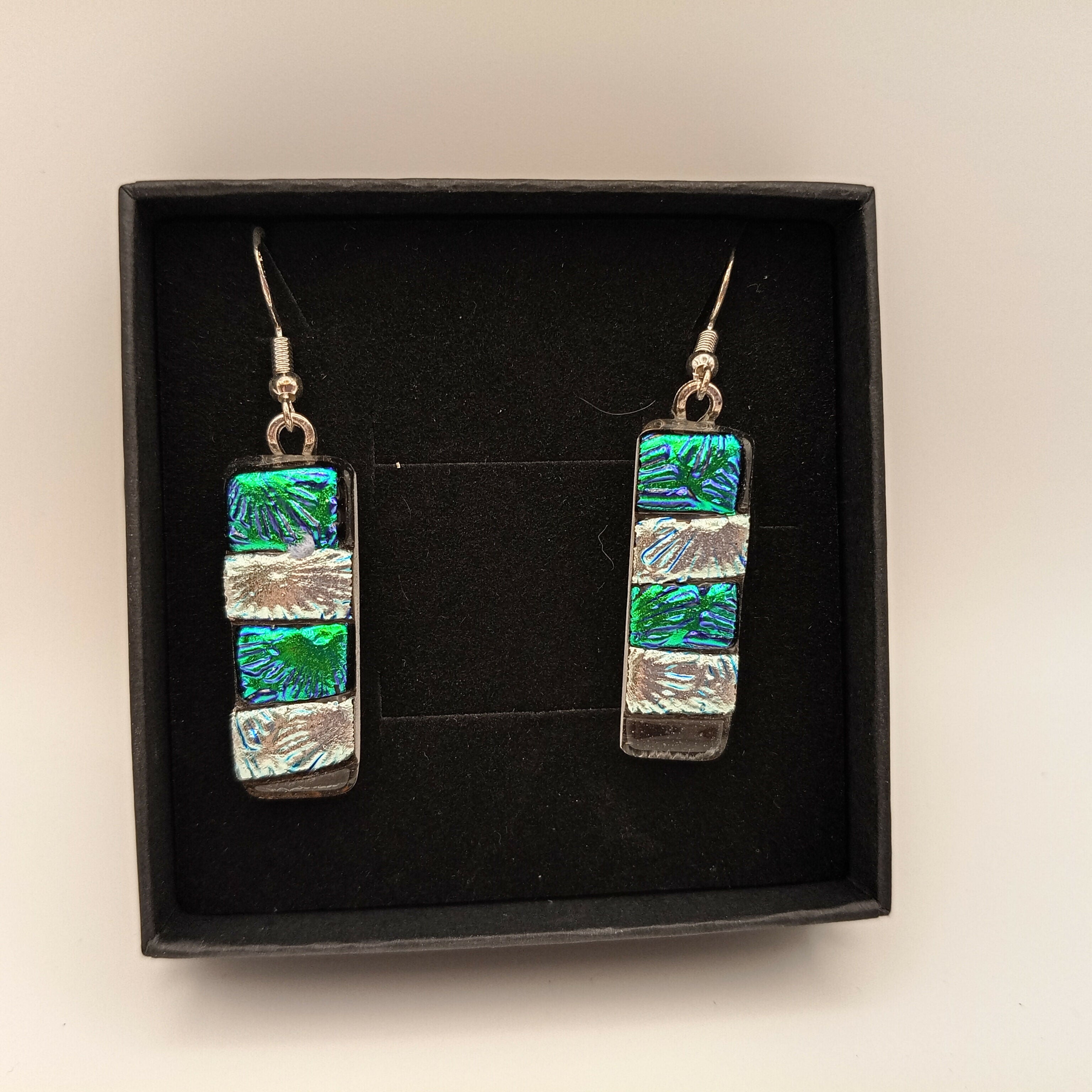 Green, Blue and Silver Dichroic Glass Earrings
