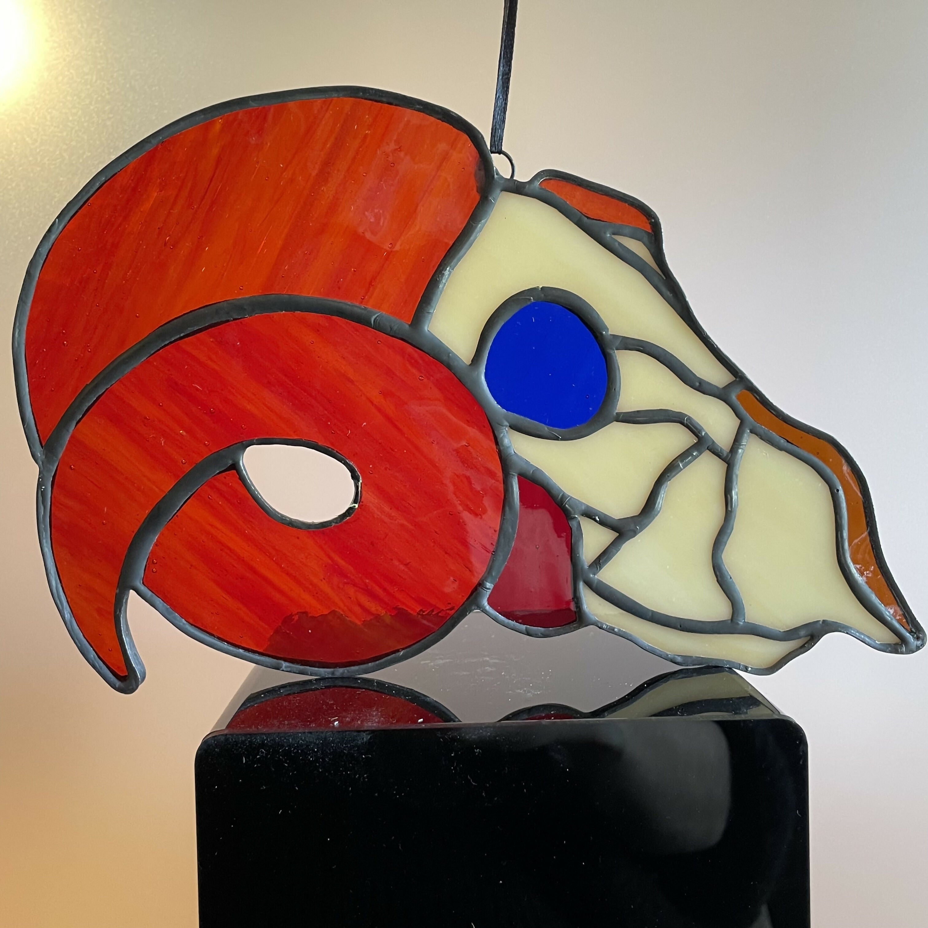Stained Glass Sheep Skull with Red Horn
