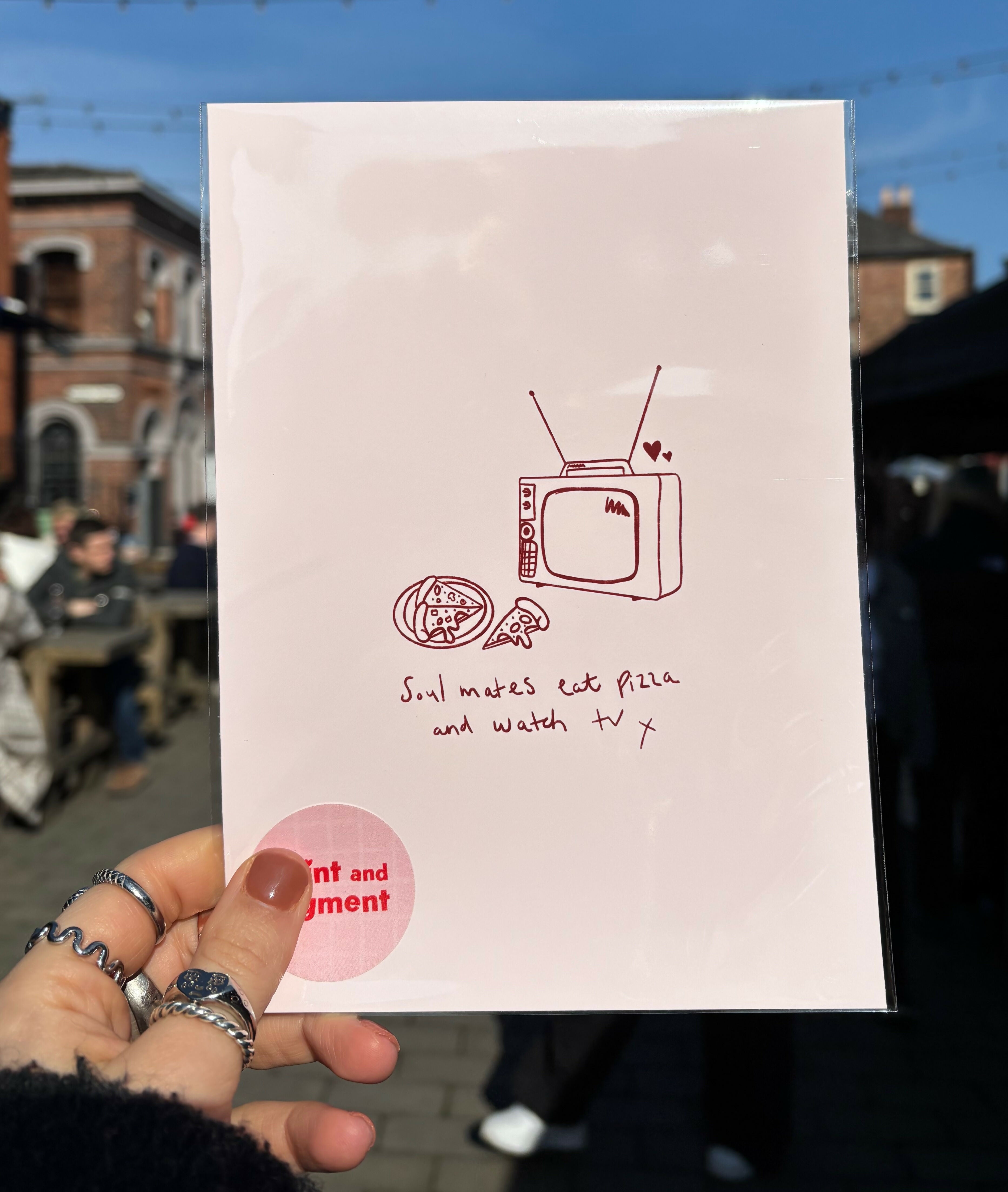 Soul Mates Eat Pizza and Watch TV – Hand Drawn Red Love Print