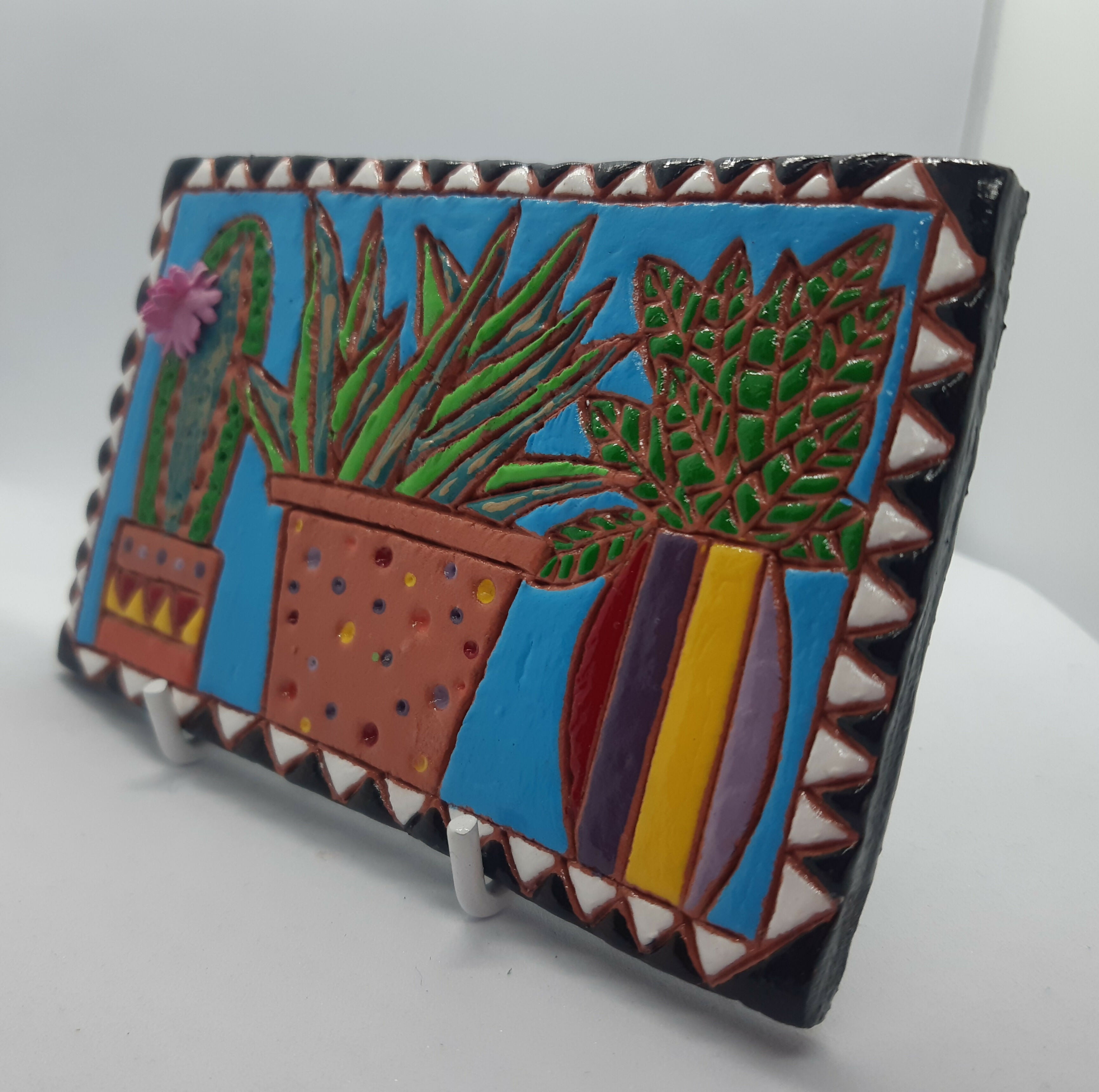 Clay Cactus, Succulent and Plant Colourful Tile