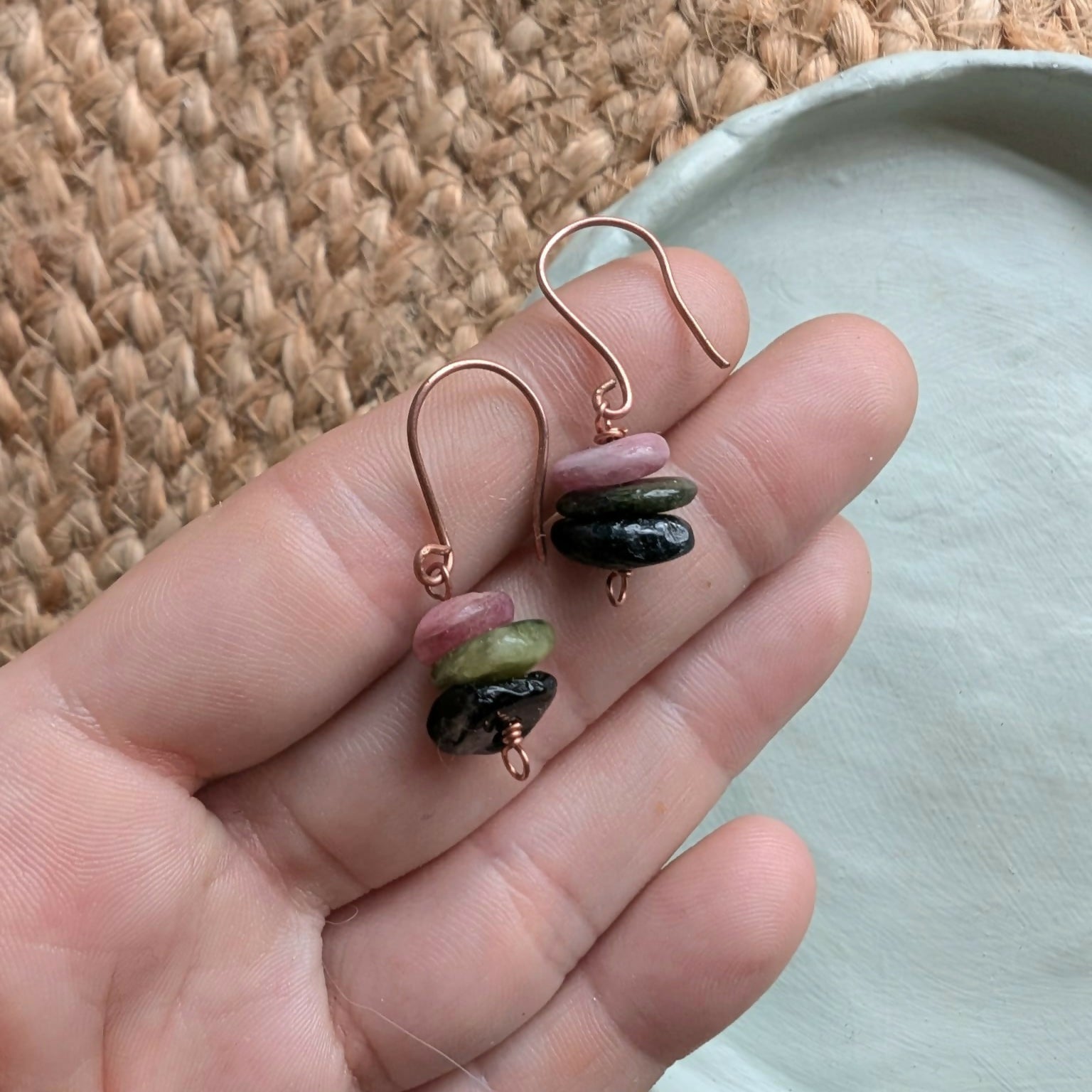 Watermelon Tourmaline & Copper Dangle Earrings