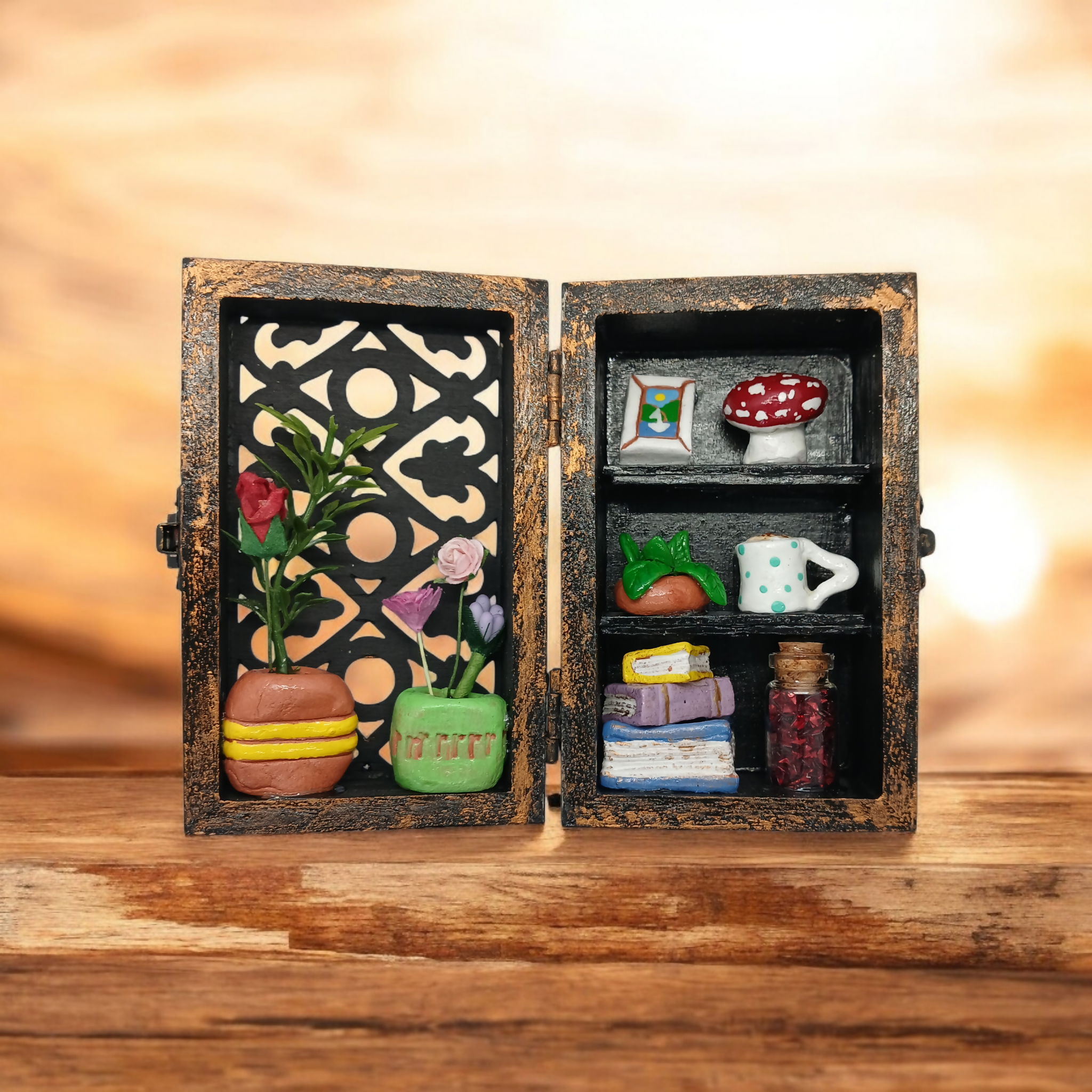 Bookcase Diorama Clay Trinket Filled Wooden Box