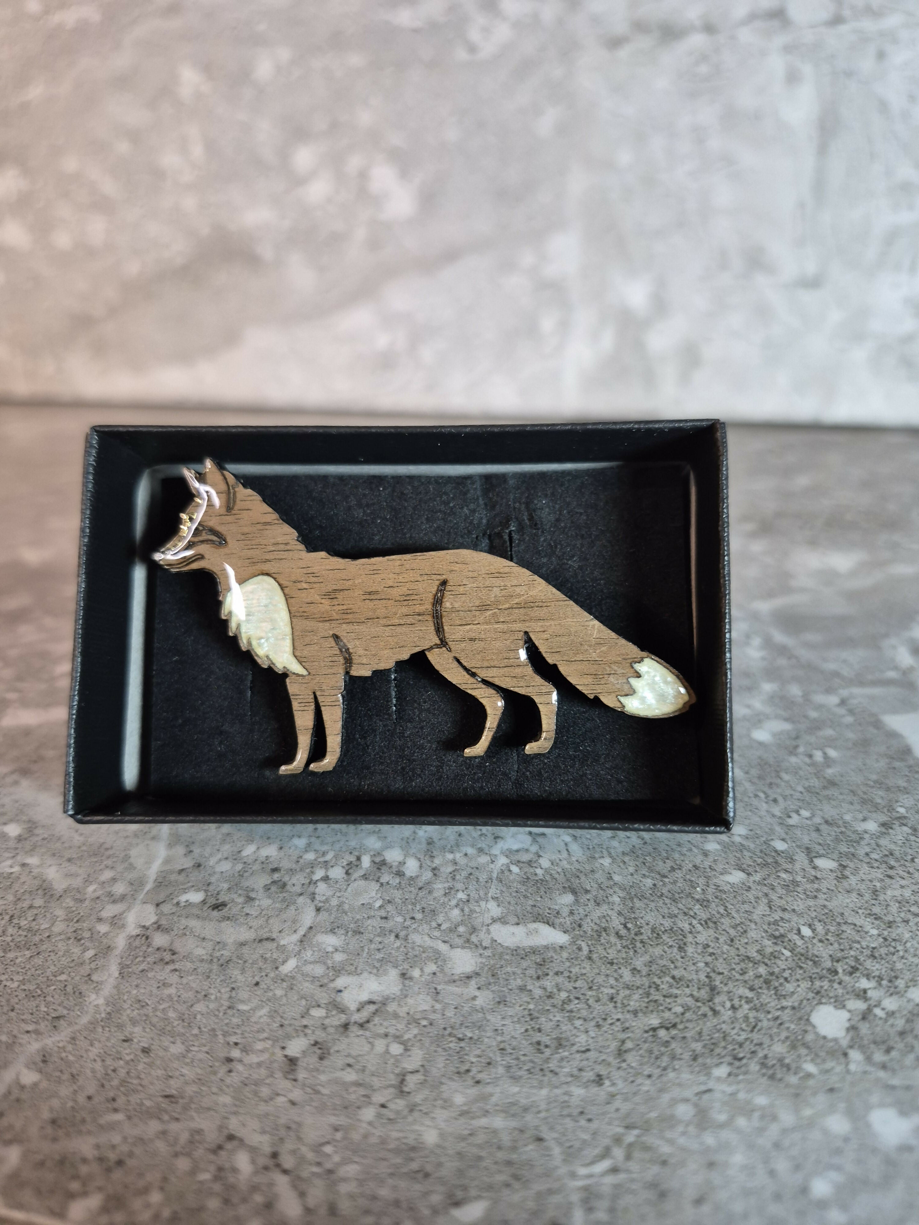 Handcrafted Walnut Veneered Red Fox Pin With White Accents