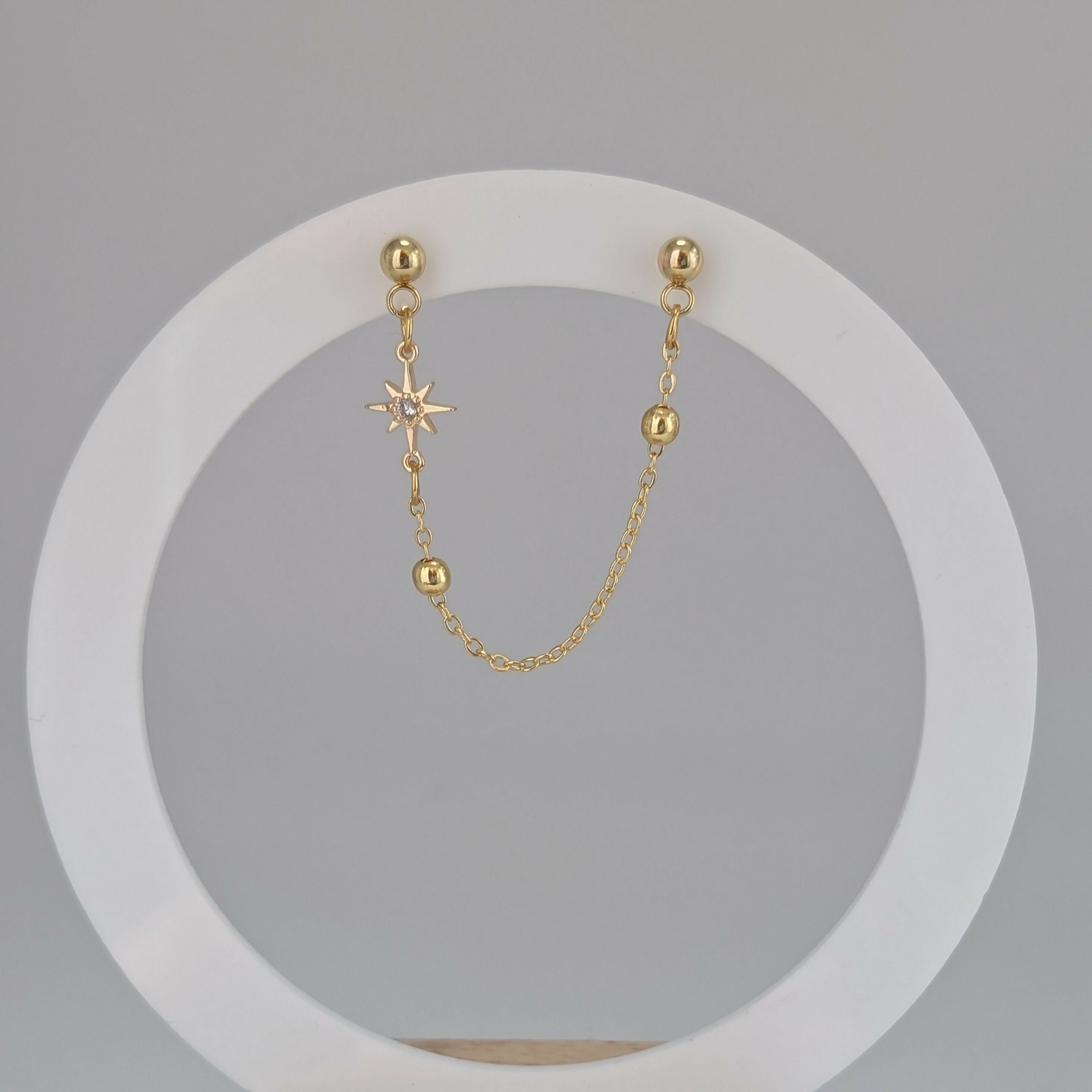 Tiny Star Cubic Zirconia Gold Double Chain Earrring on Gold Plated Ball Stud