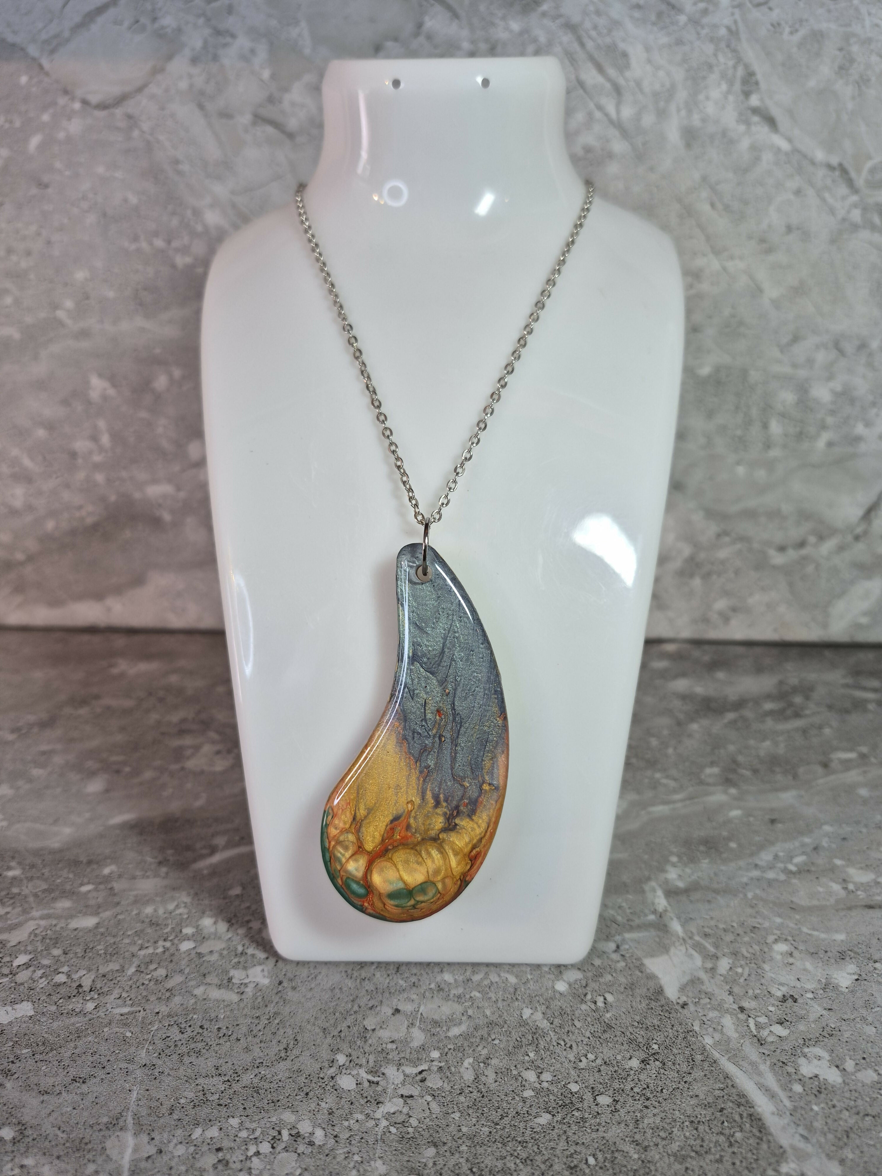 Unique Hand Crafted Tear Drop Shaped Blue, Gold Red and Green Pendant