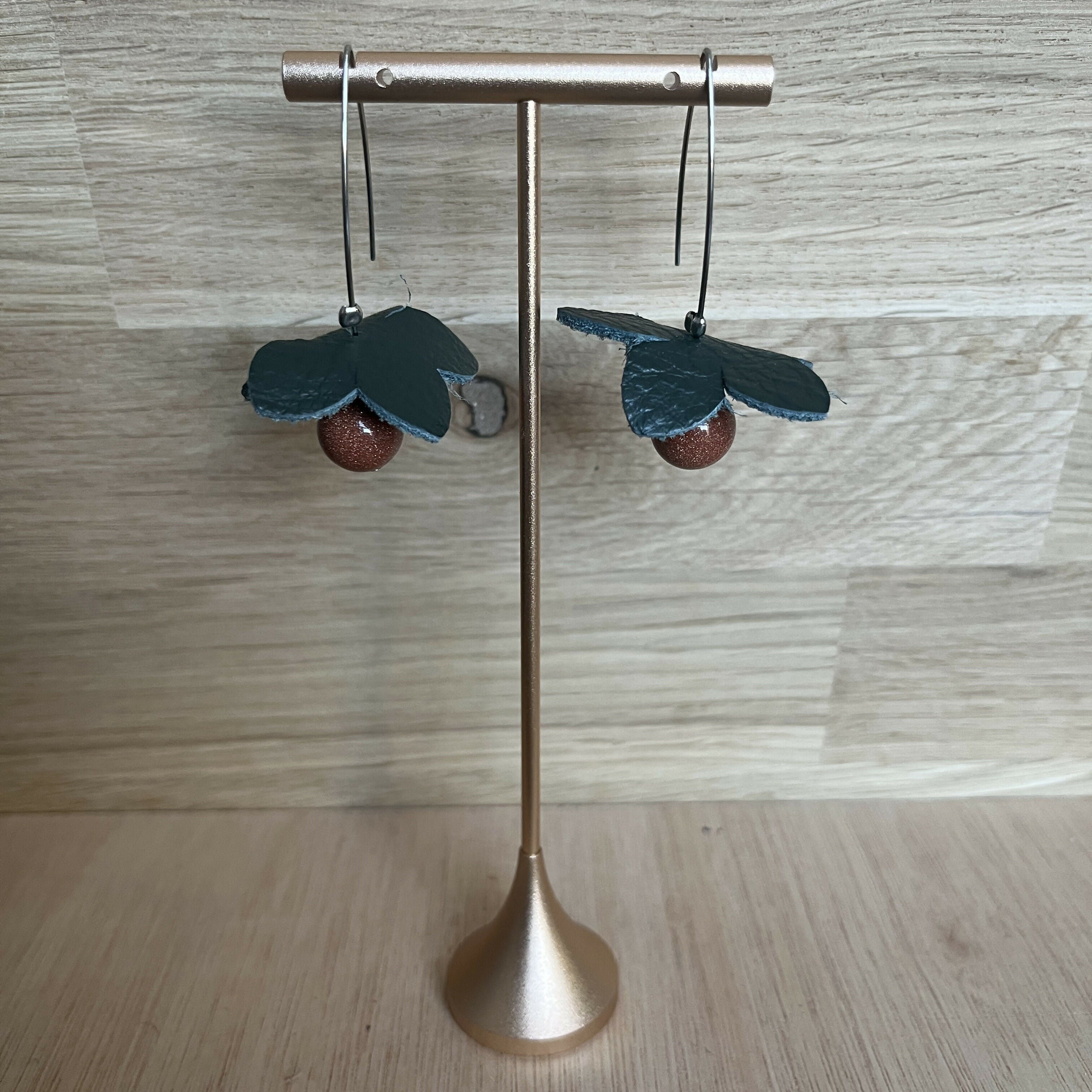 Forest Whisper – Green Leather Flower Earrings with Brown Stone