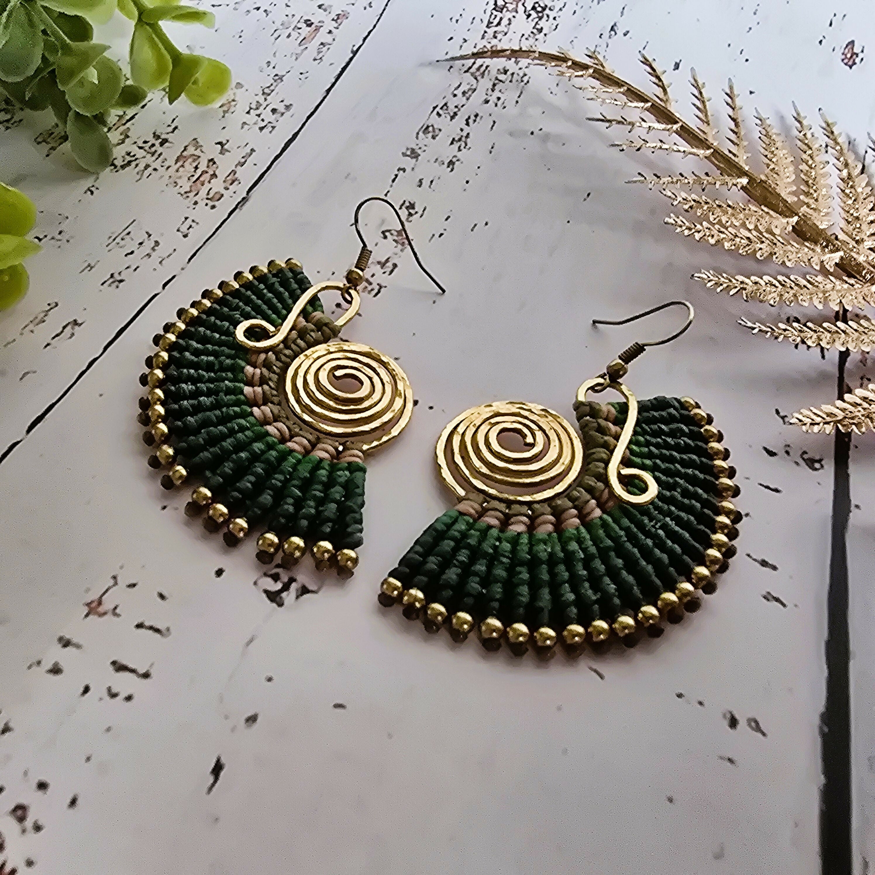 Green Fan Macrame Earrings; Ear Jacket Style Boho Nature Bold Statement Gold Spiral Earrings