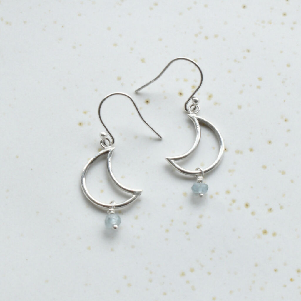 Sterling Silver Crescent With Moss Aquamarine Earrings