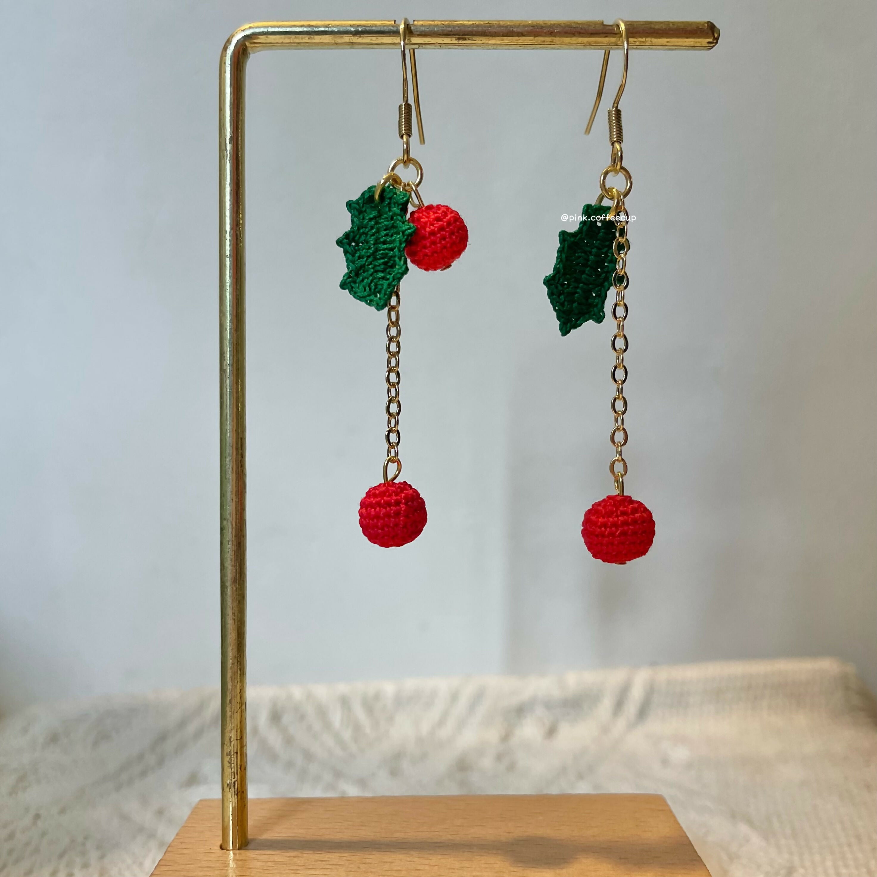 Micro Crochet Christmas Holly Drop and Dangle Earrings