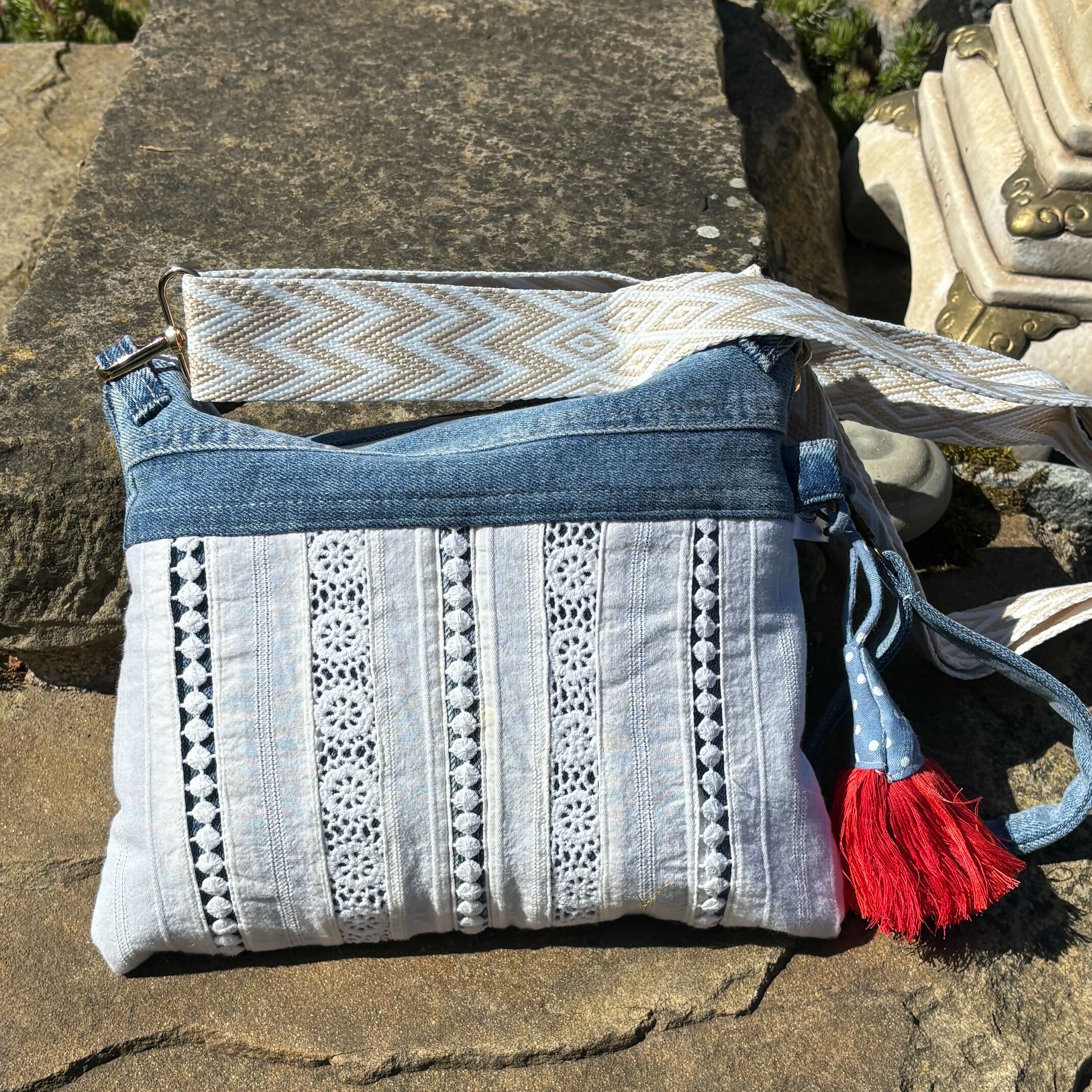 Unique Bag Handbag Made From Upcycled Jeans With Detachable Handle And Wrist Strap Plus Gonk Decoration