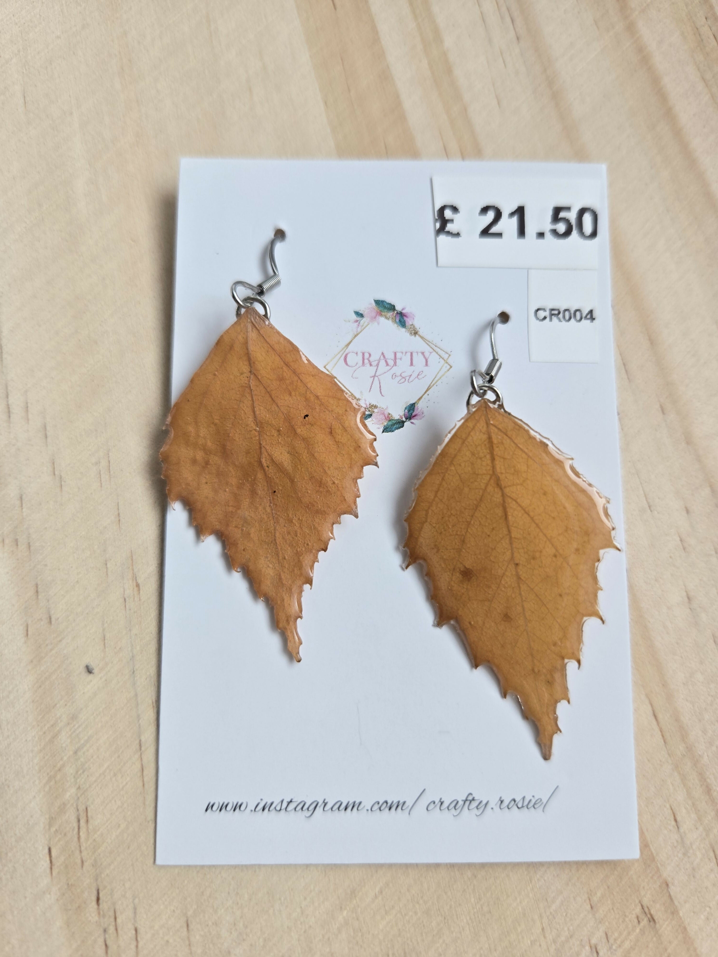 Stainless Steel Real Leaf Dangle Earrings