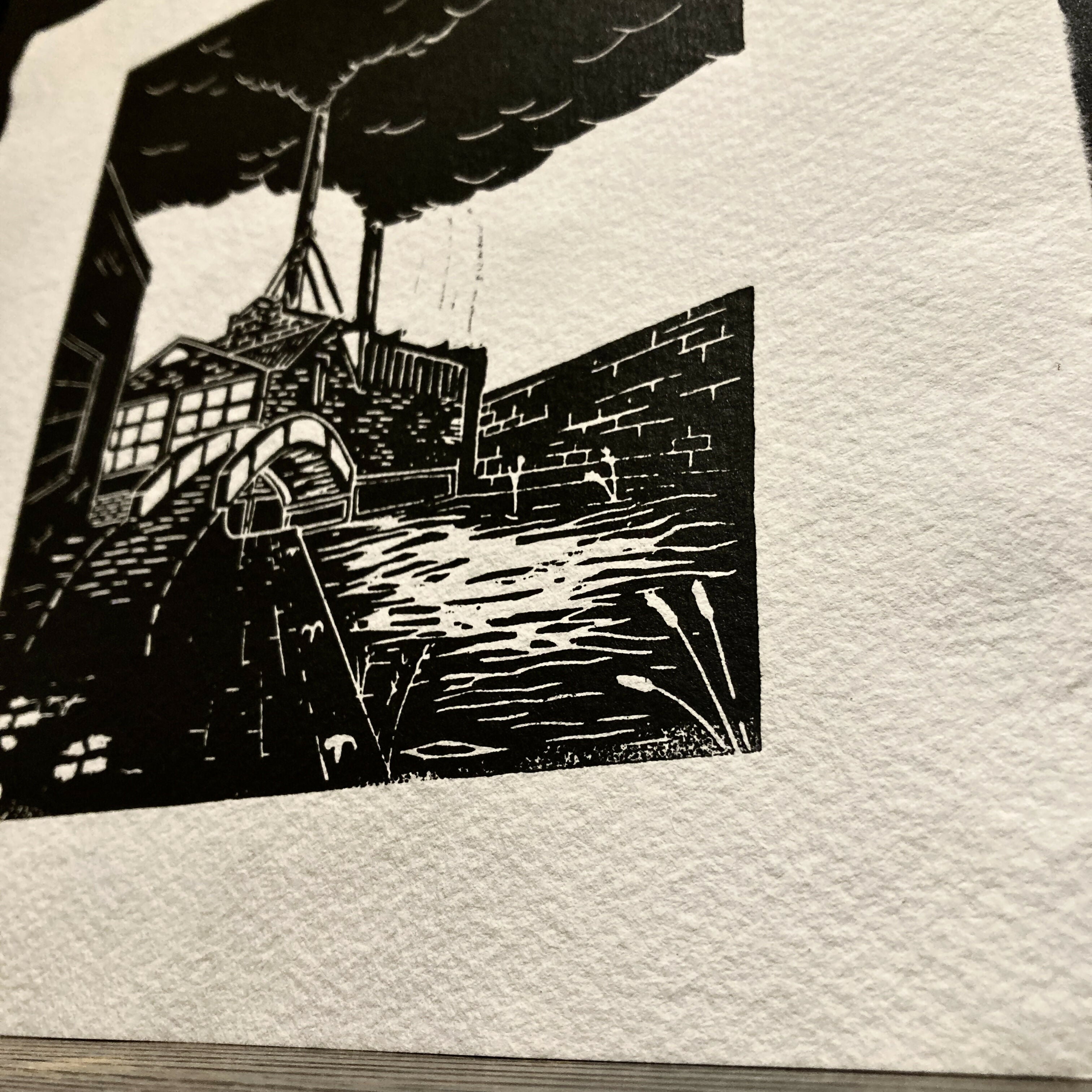 Birmingham Canal - Hand Carved Lino Print On Khadi Paper