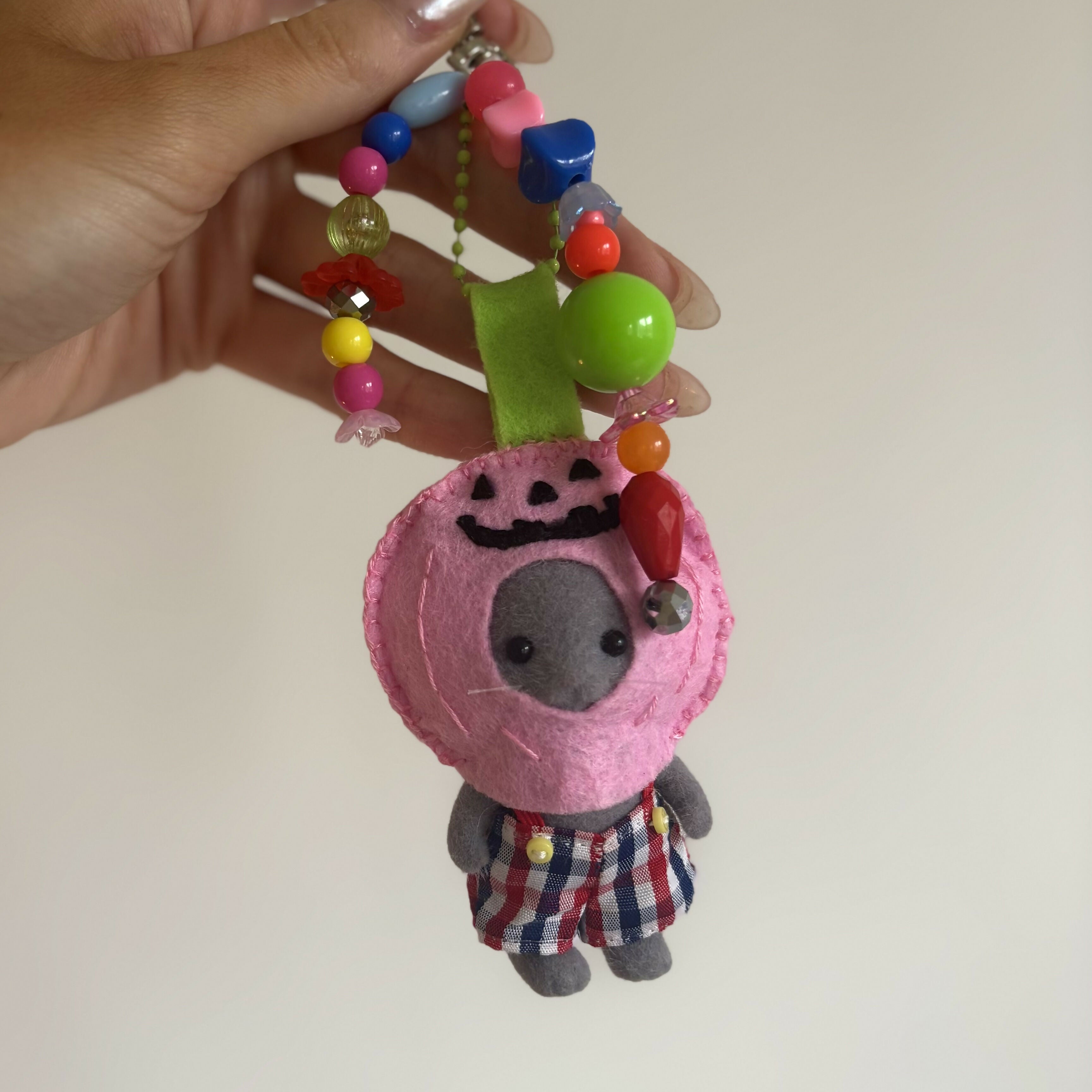 Pink Cat Pumpkin Felt Keyring