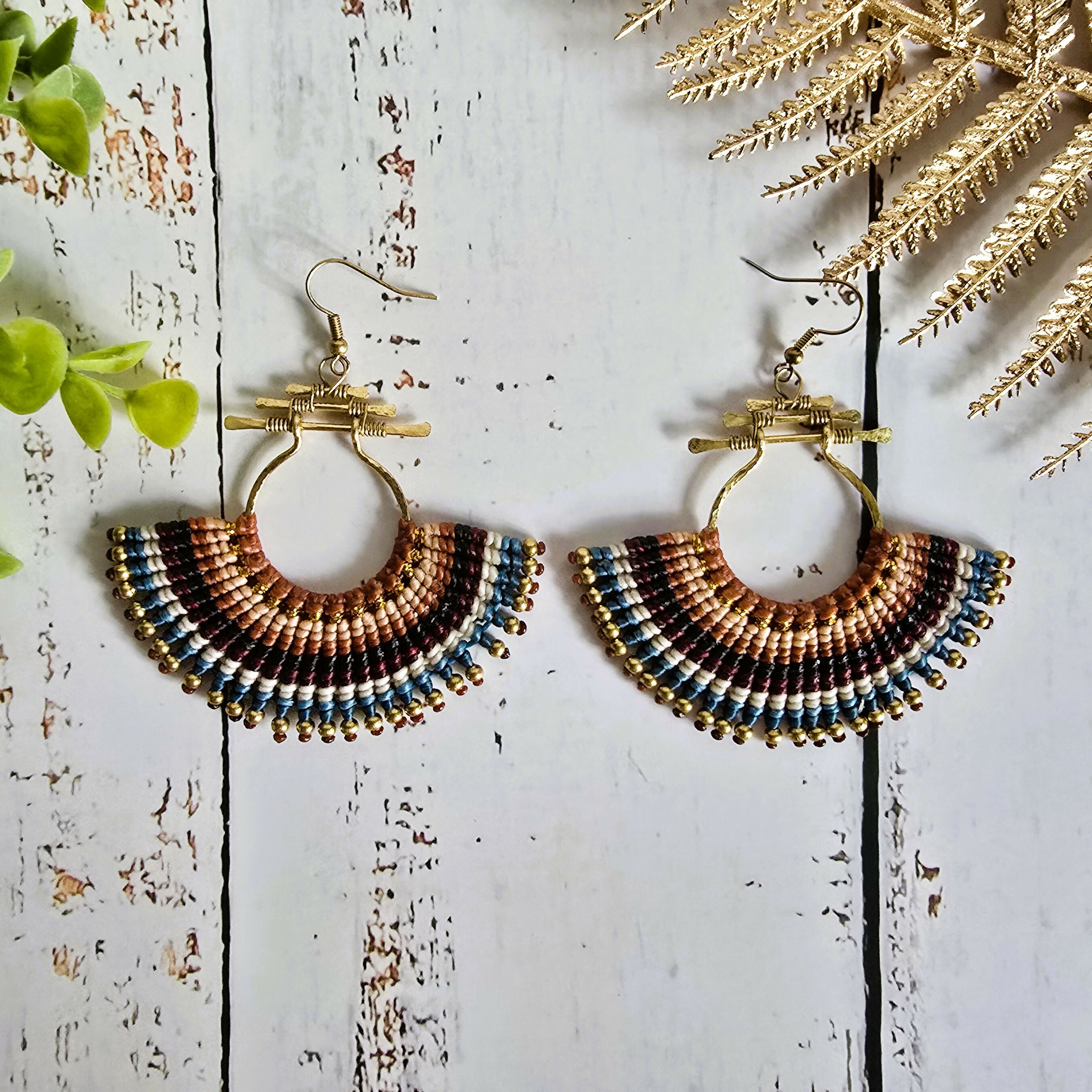 Asian Temple Earrings; Golden Brown Macrame Cord, Gold Hammered Brass Wire Spiral Statement Earrings