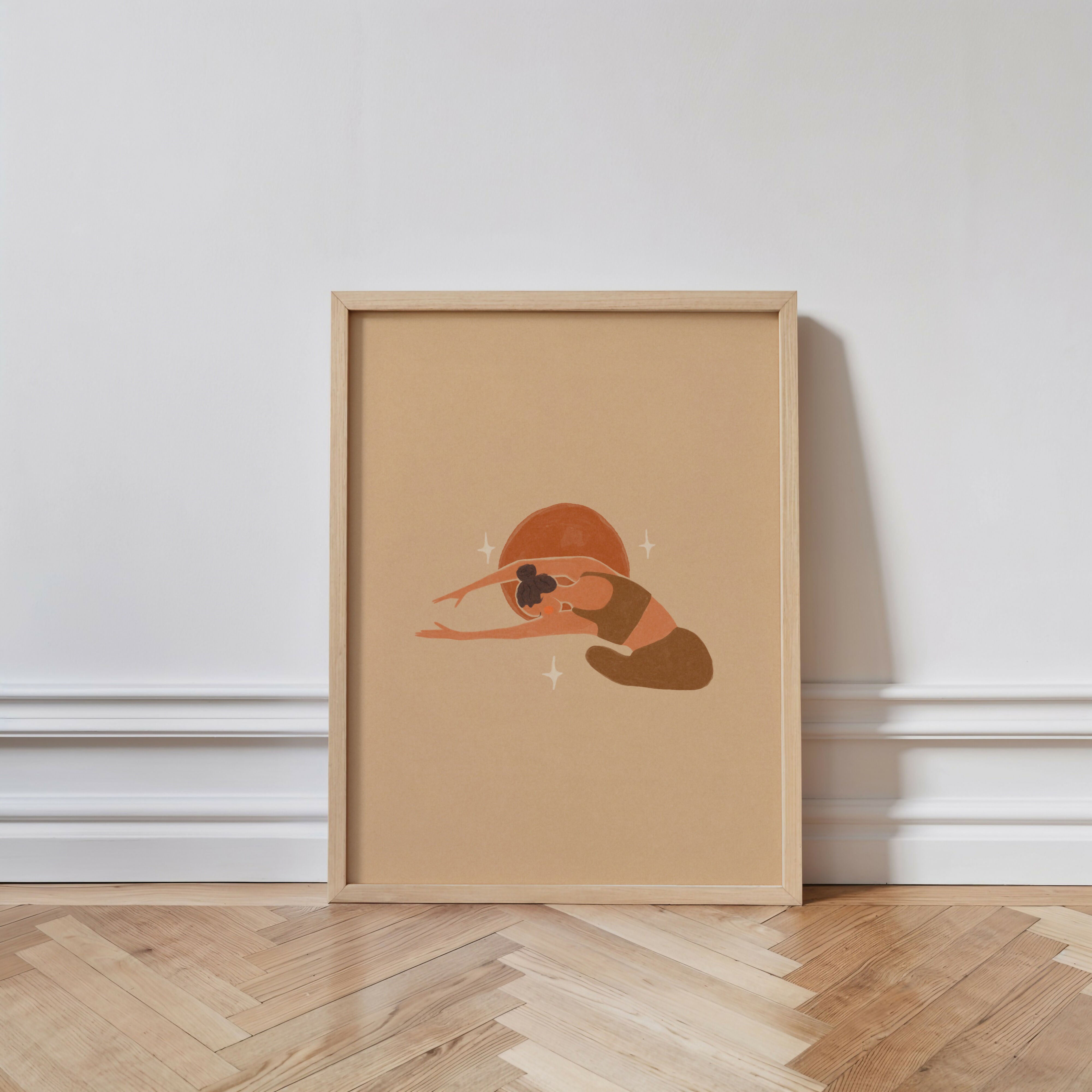 Minimalist Yoga Art Print, Golden Hour Sun Wall Art, Boho Wellness Illustration (A4)