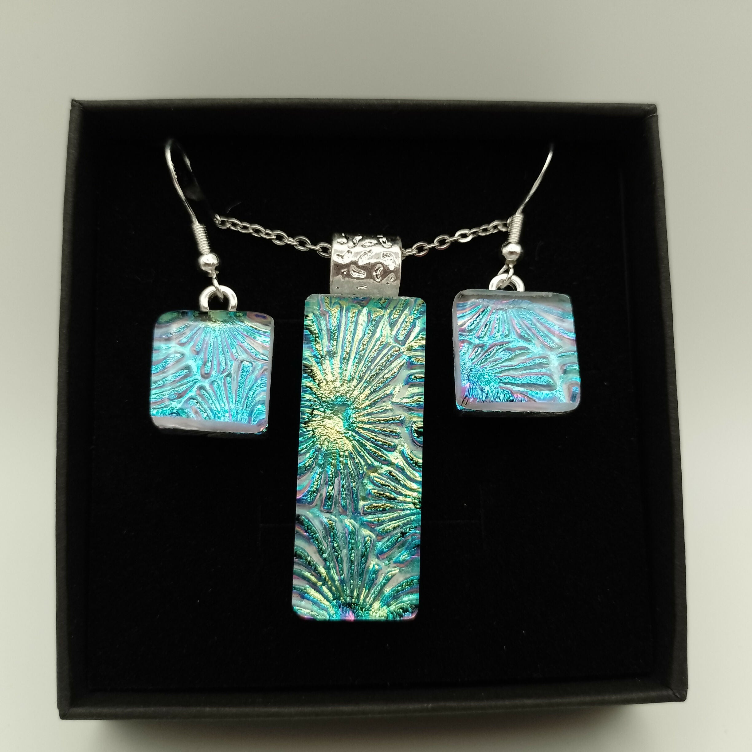 Green and Blue Dichroic Glass Pendant and Earring Set