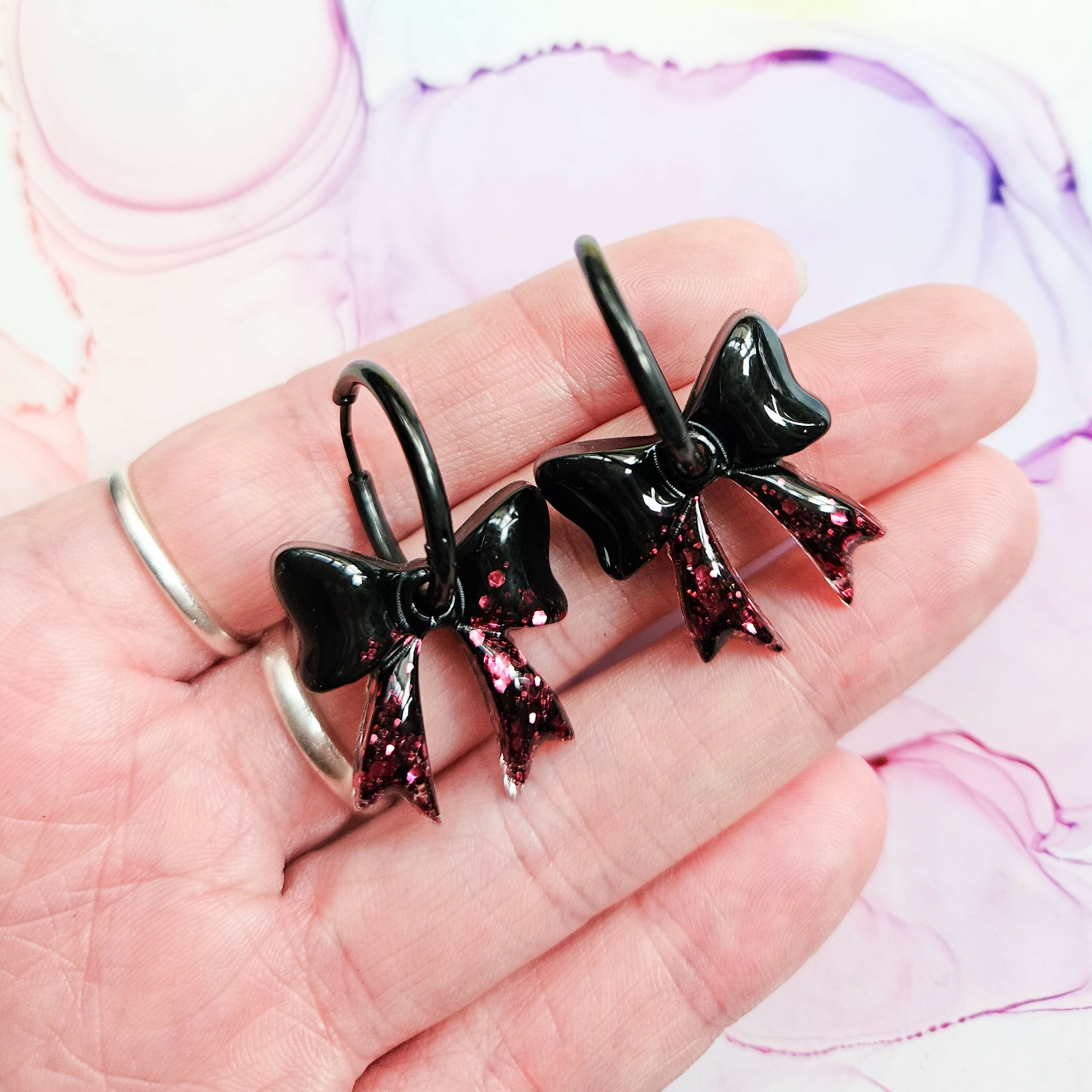 Handmade Black And Burgundy Glitter Resin Bow Charms On Black Hoops