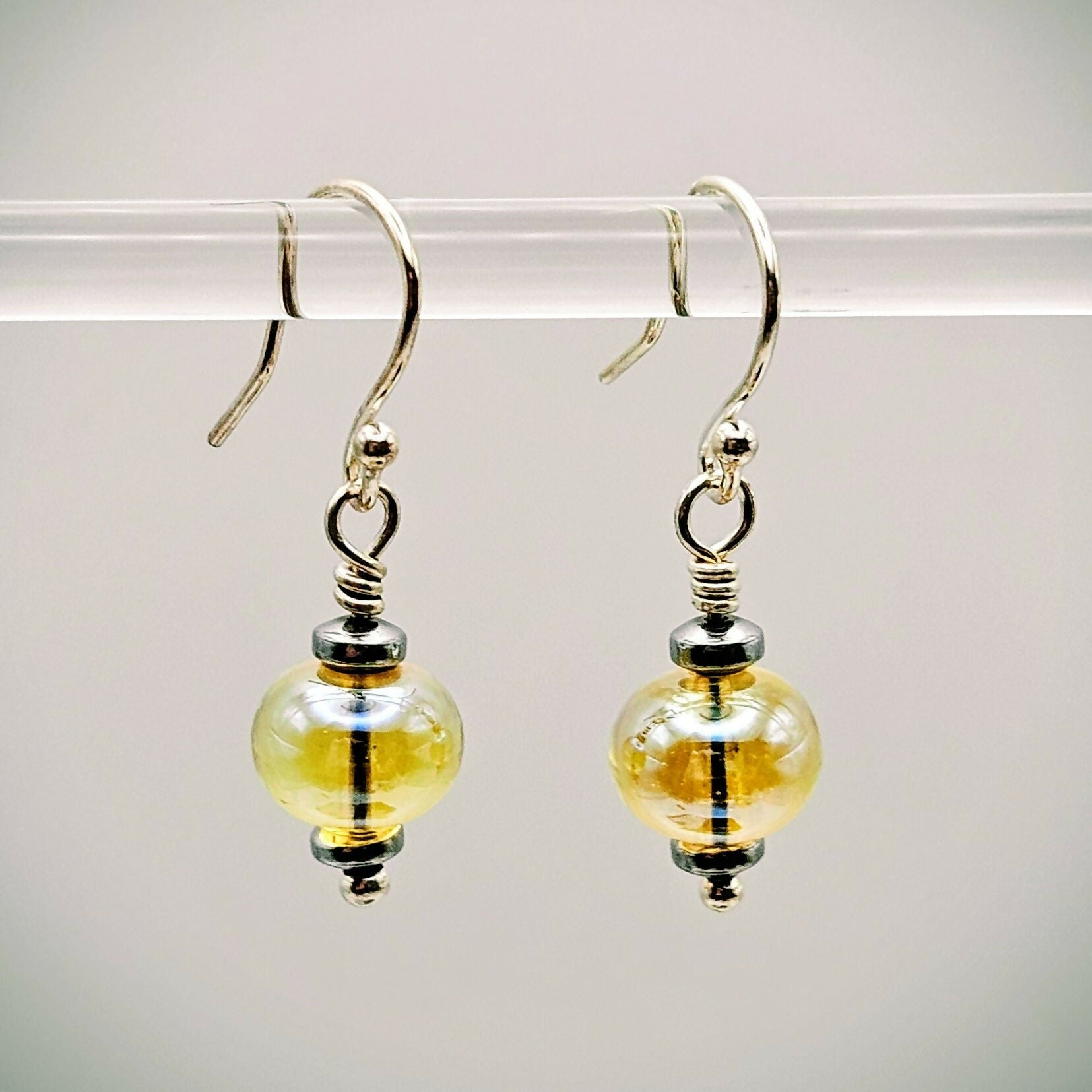 HAND LAMPWORKED GLASS EARRINGS, WITH STERLING SILVER EAR WIRES AND HEMATITE ACCENT BEADS