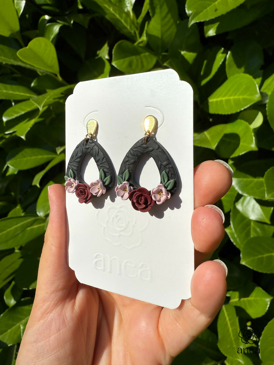 Dark Floral Drop Earrings with Bordeaux Rose and Pink Flower Detail