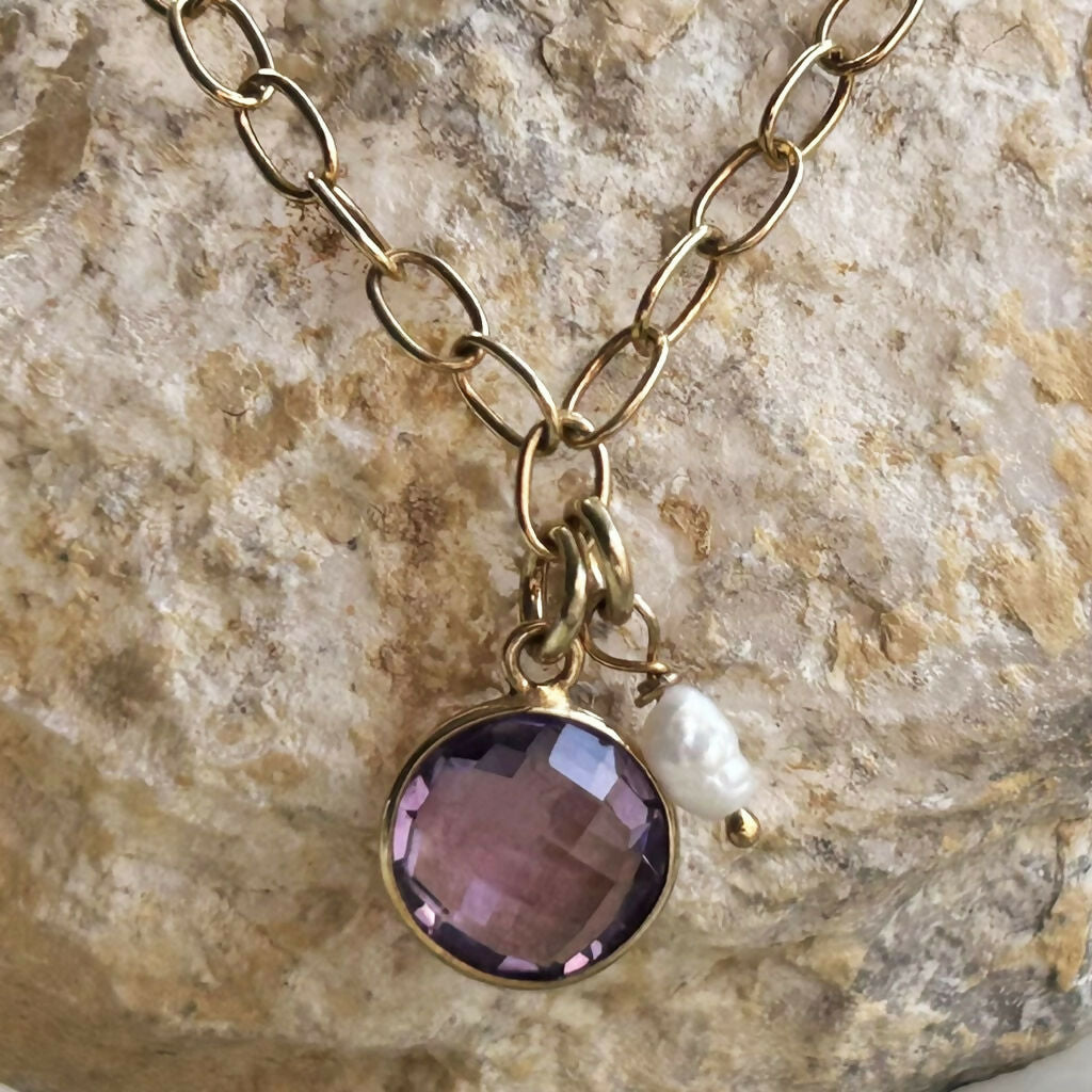 Handmade Gold Vermeil Amethyst And Fresh Water Pearl Cable Chain Bracelet