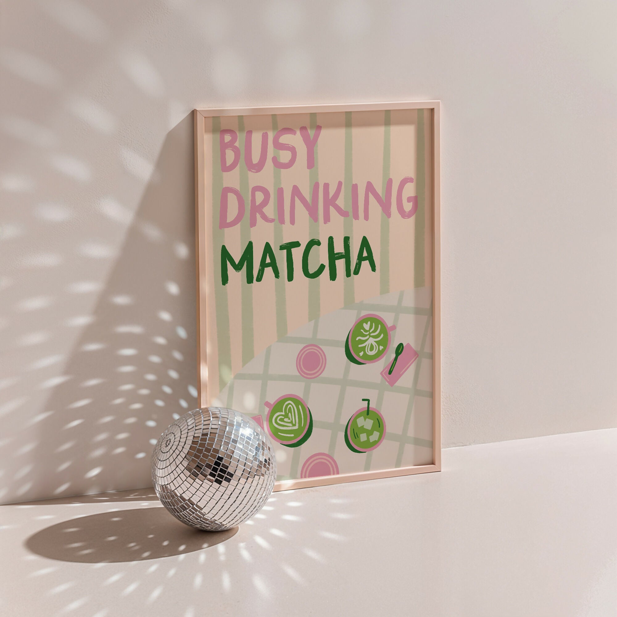 Busy Drinking Matcha Print – Pink Coffee Shop Print