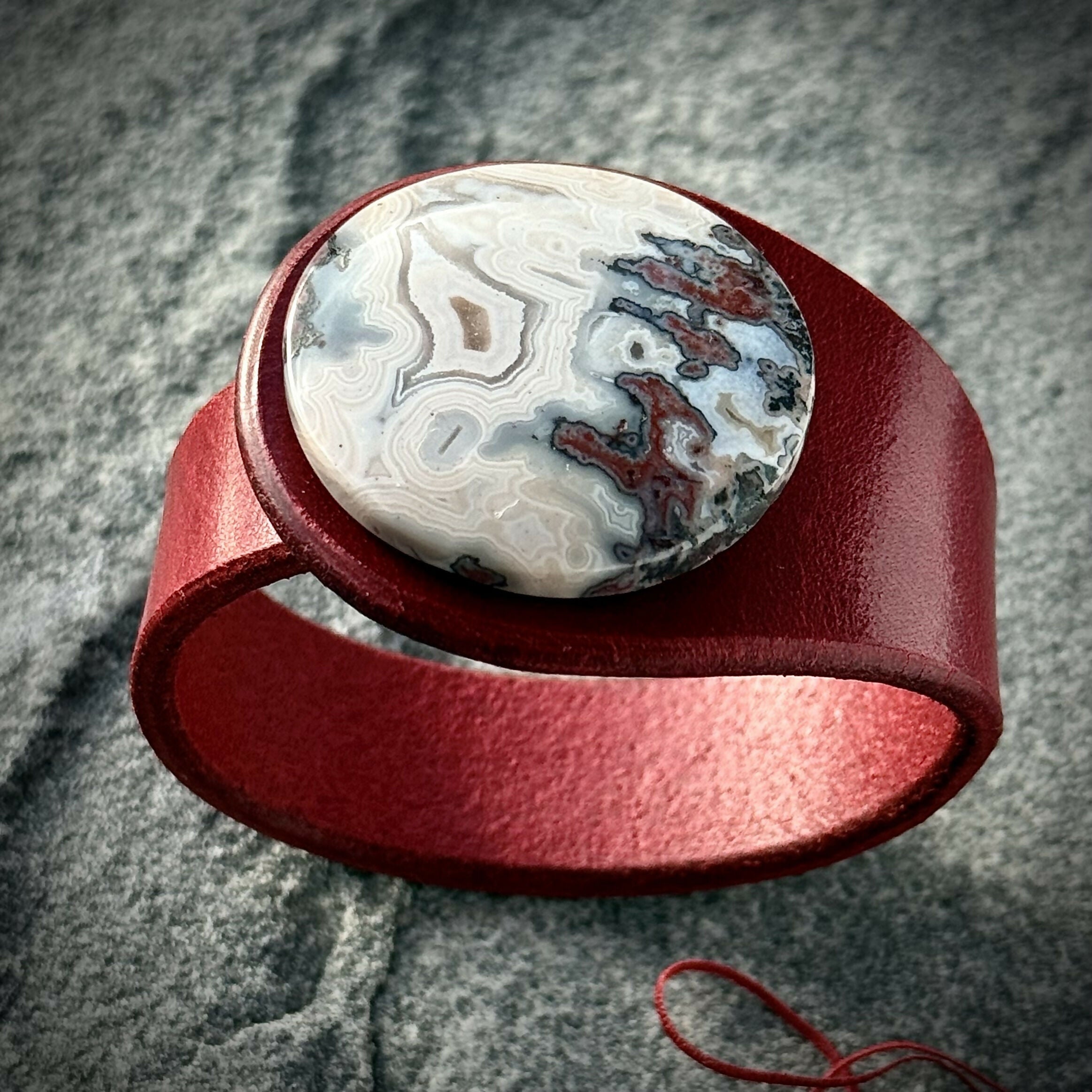 Handcrafted Natural Leather & Crazy Lace Agate Gemstone Bracelet - Size S or M