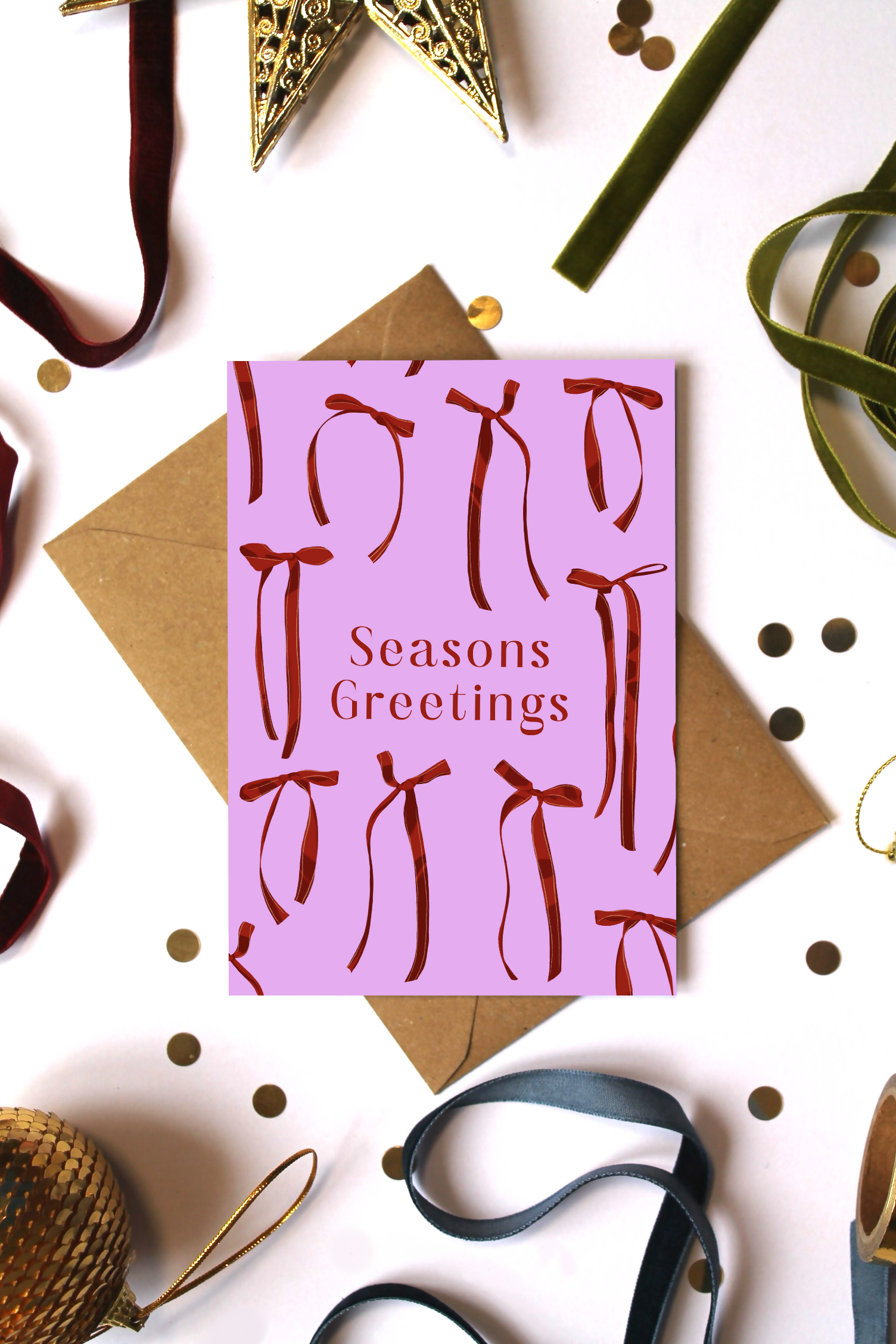 Pink Bow Seasons Greetings Christmas Card