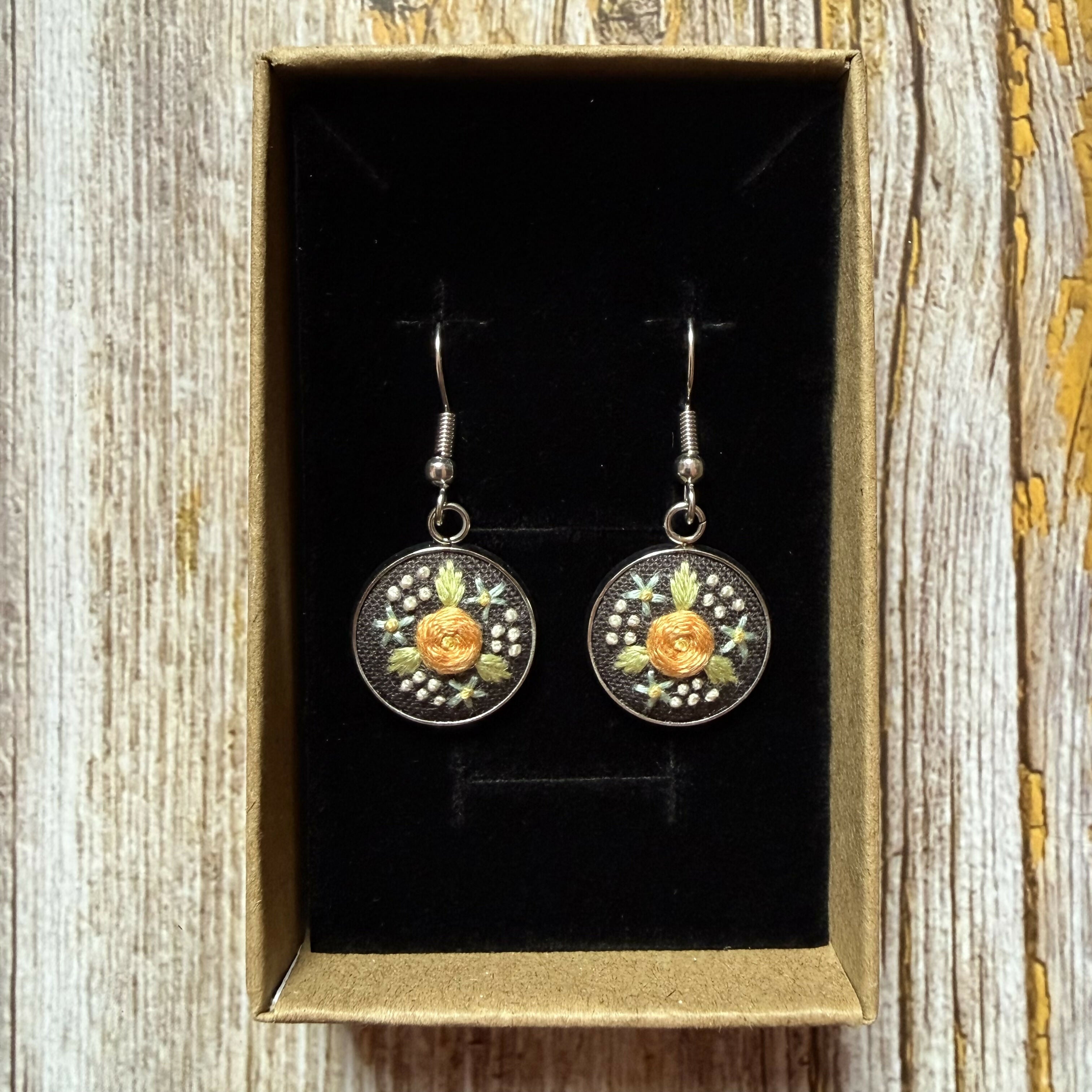 Hand Embroidered Brown Floral Earrings