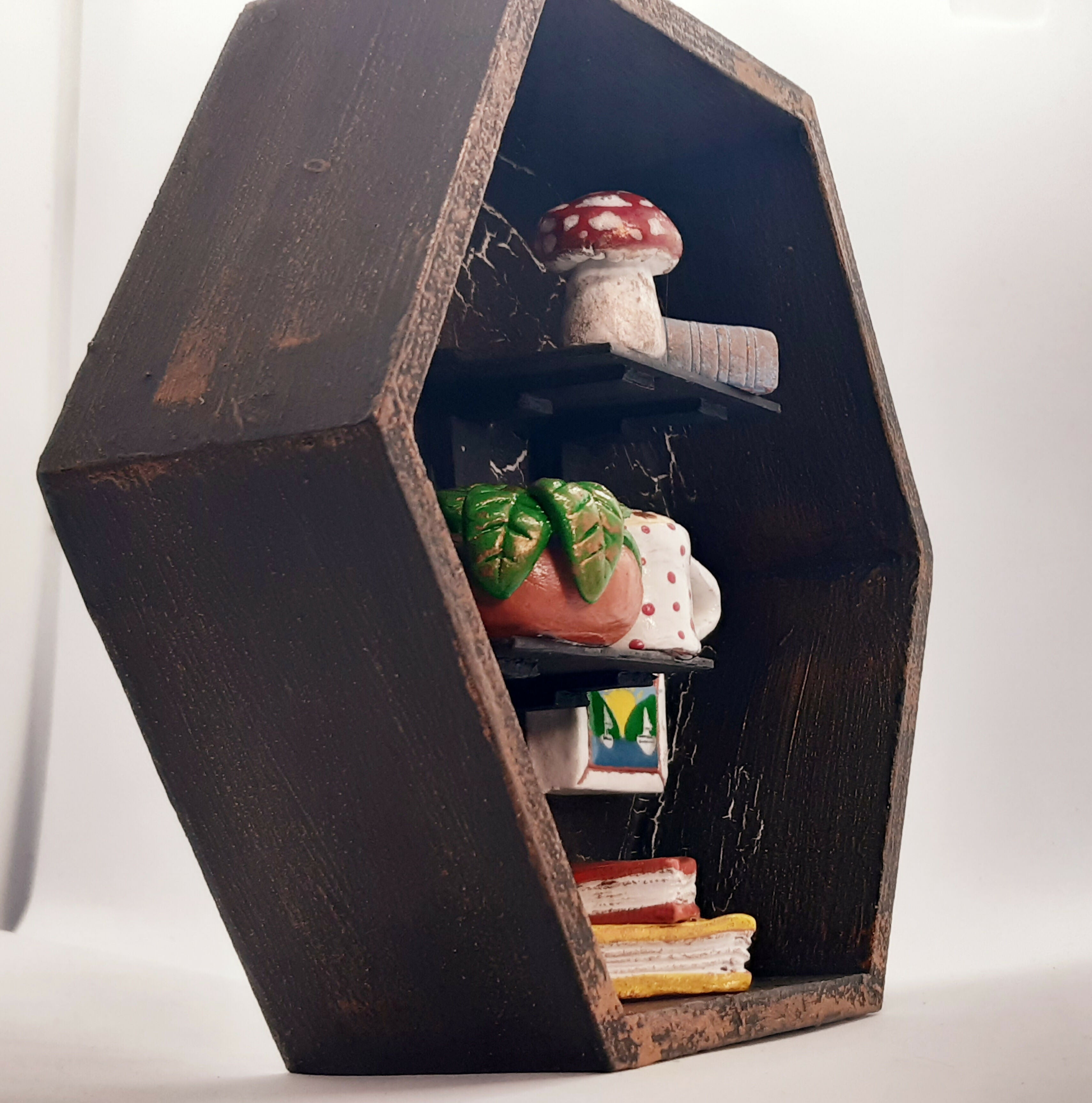 Clay Trinket Filled Hexagonal Wooden Diorama Ornament