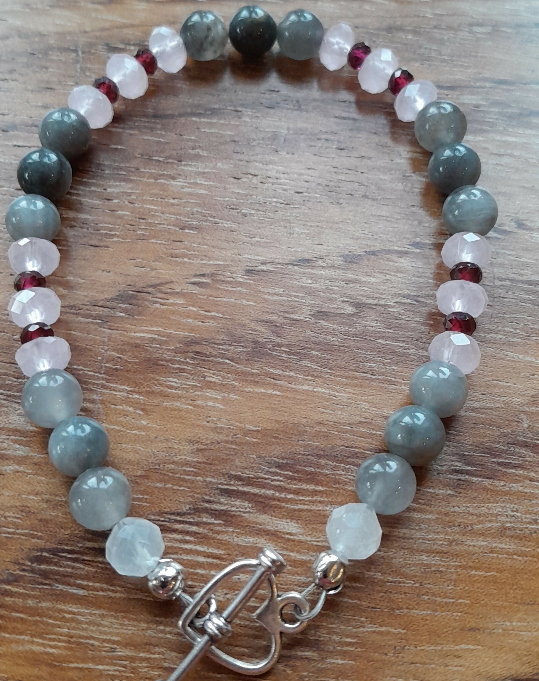 Gemstone Bracelet with a Tibetan Silver Toggle Catch, Faceted Rose Quartz, Grey Agate and Faceted Red Chalcedony.