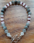 Gemstone Bracelet with a Tibetan Silver Toggle Catch, Faceted Rose Quartz, Grey Agate and Faceted Red Chalcedony.