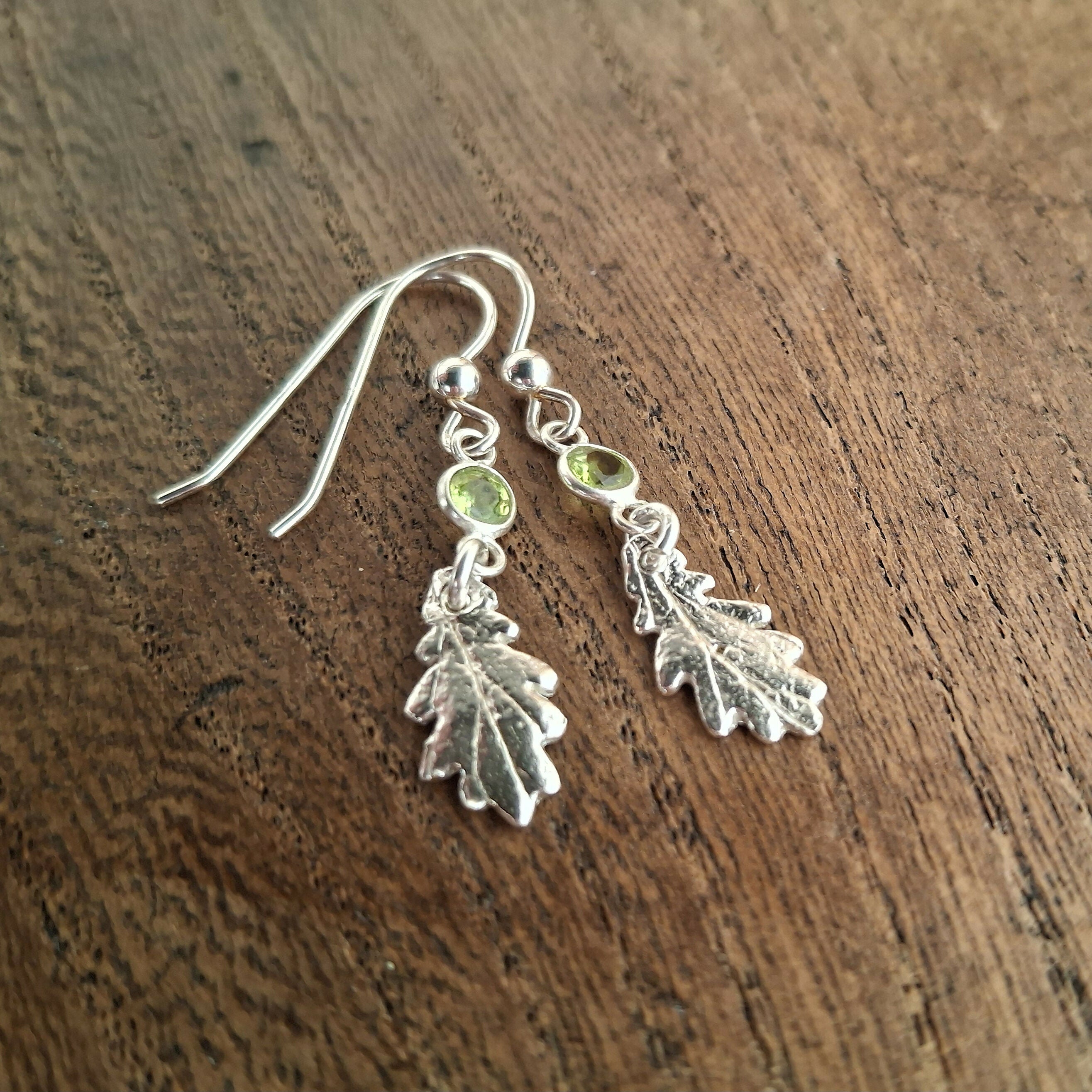 Handmade Silver Oak Leaf Earrings With Peridot Stones