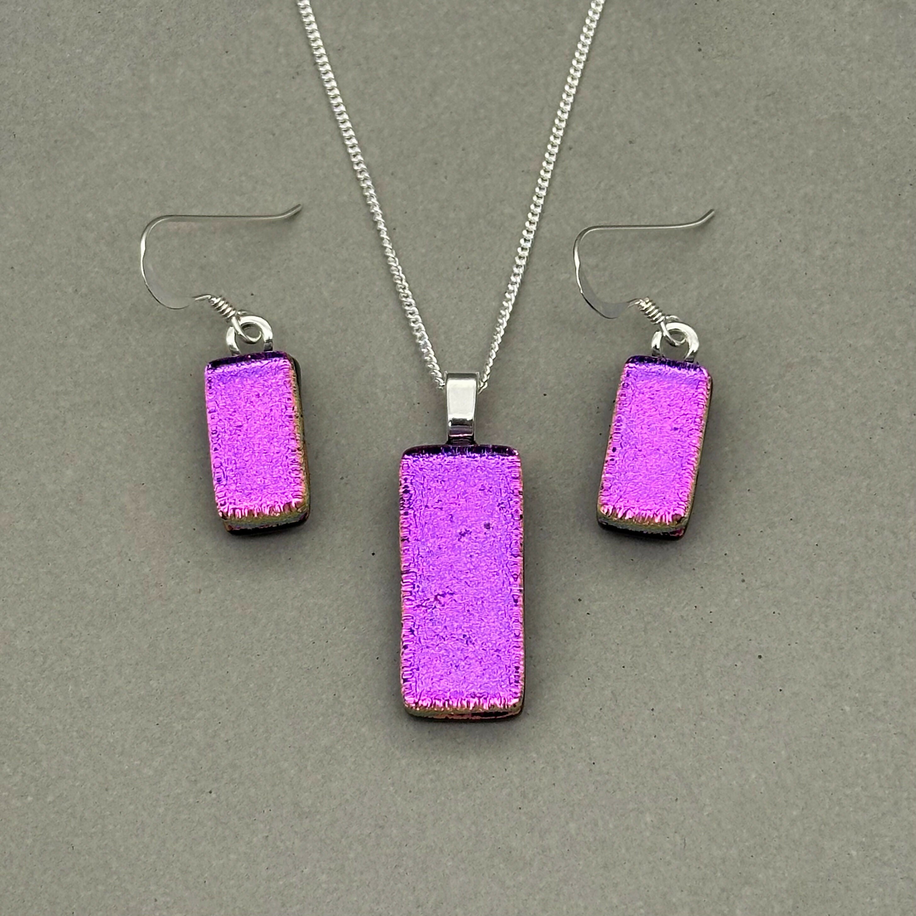 Magenta Dichroic Glass Necklace and Earrings Set - Sterling Silver, Handmade by Jade Tapson Glass.