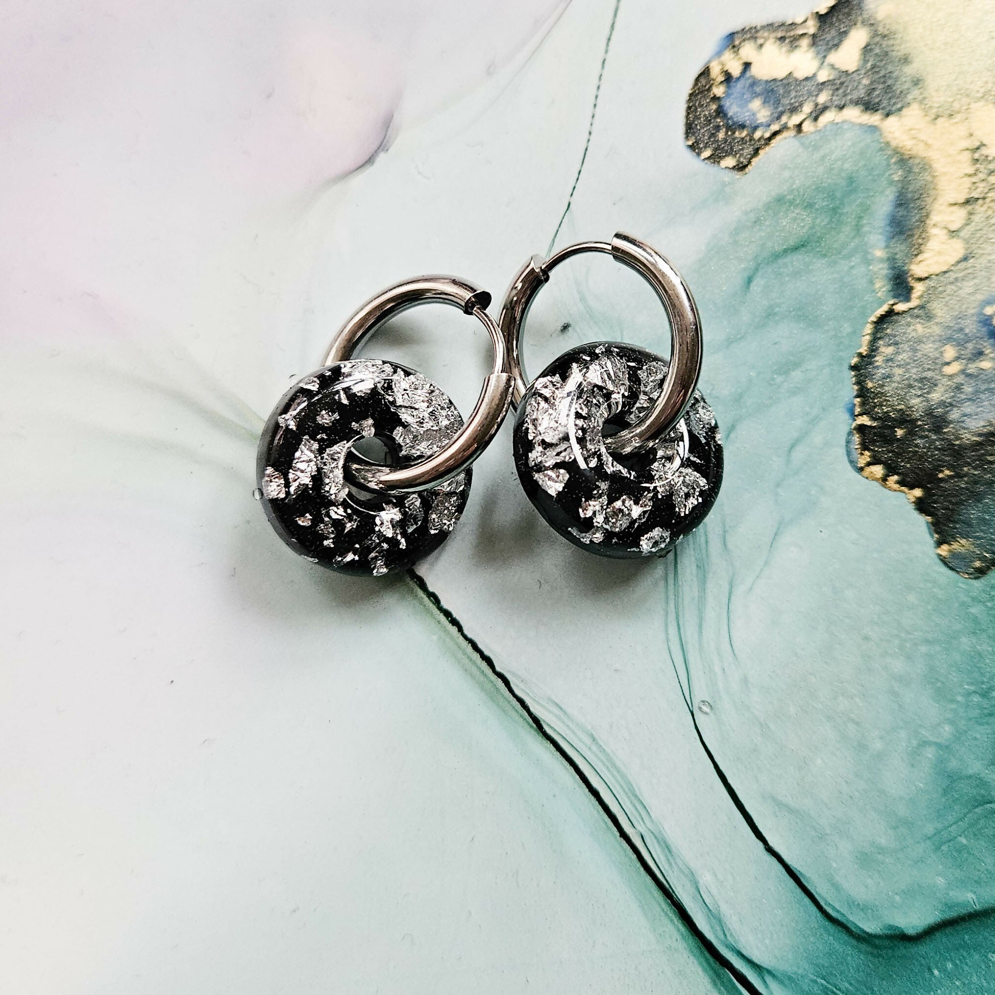 Handmade Black And Silver Medium Resin Circle Charm On Chunky Hoops