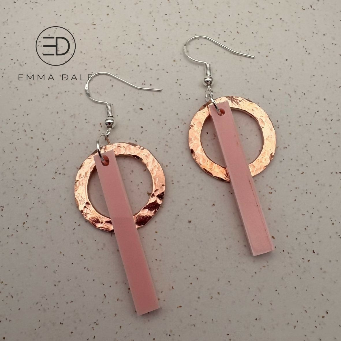 Baby Pink Acrylic Bar & Hand-Hammered Copper Earrings