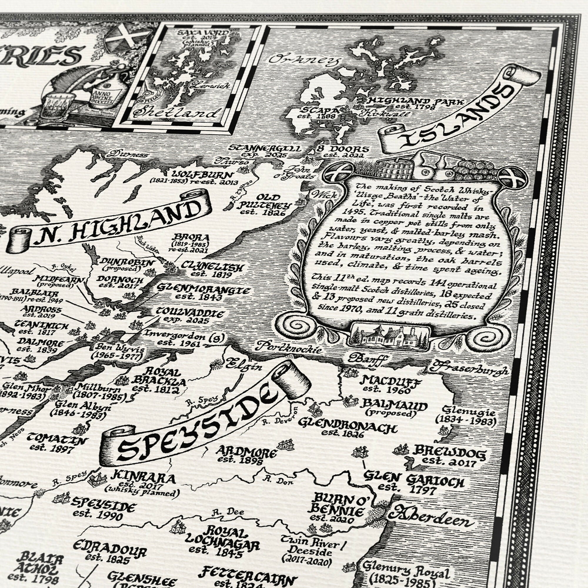 Scotland Whisky Map Hand Drawn Fine Art Print