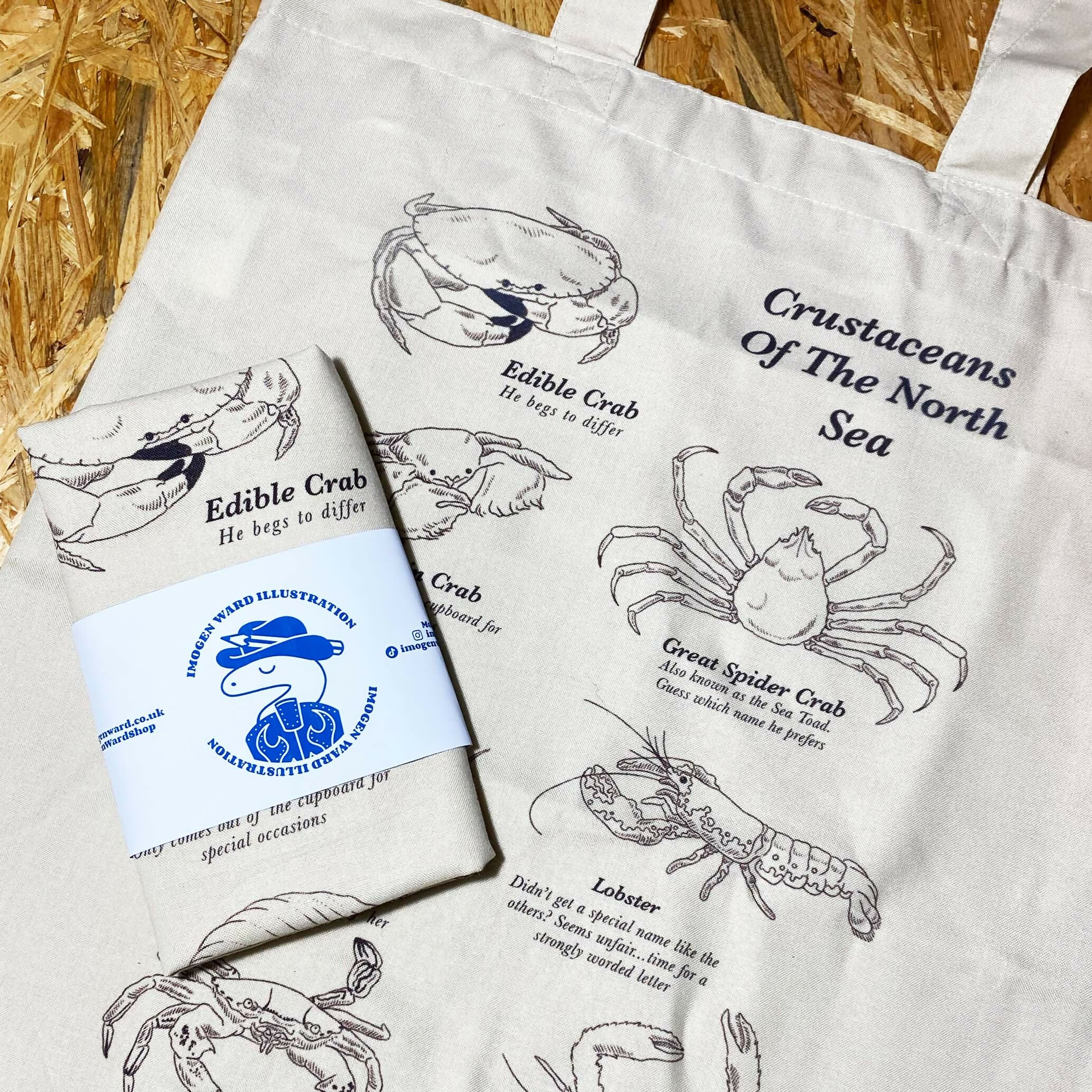 Crustaceans of the North Sea - Natural, handprinted, illustrated tote bag