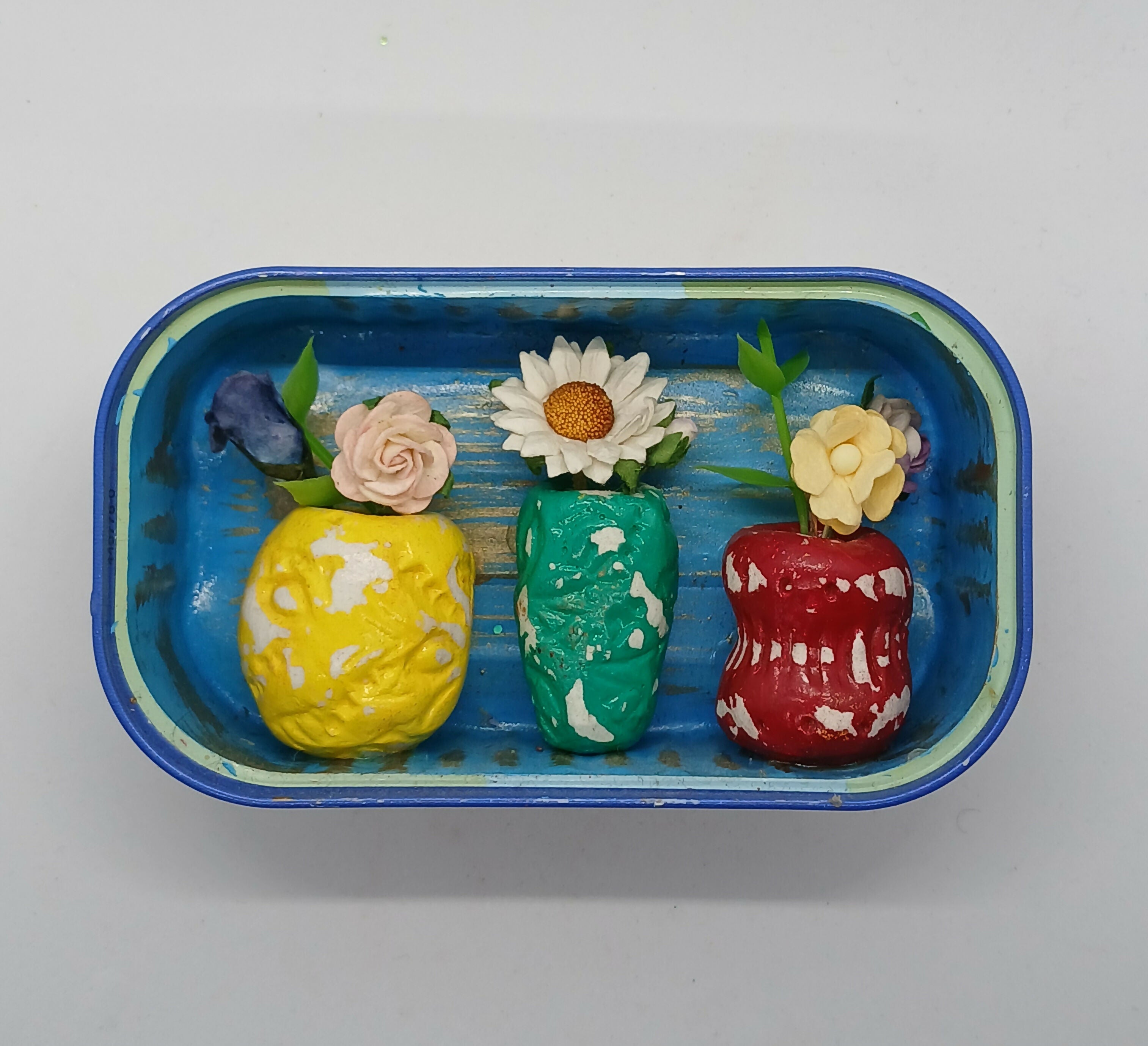 Clay Vase and Faux Flower Tin