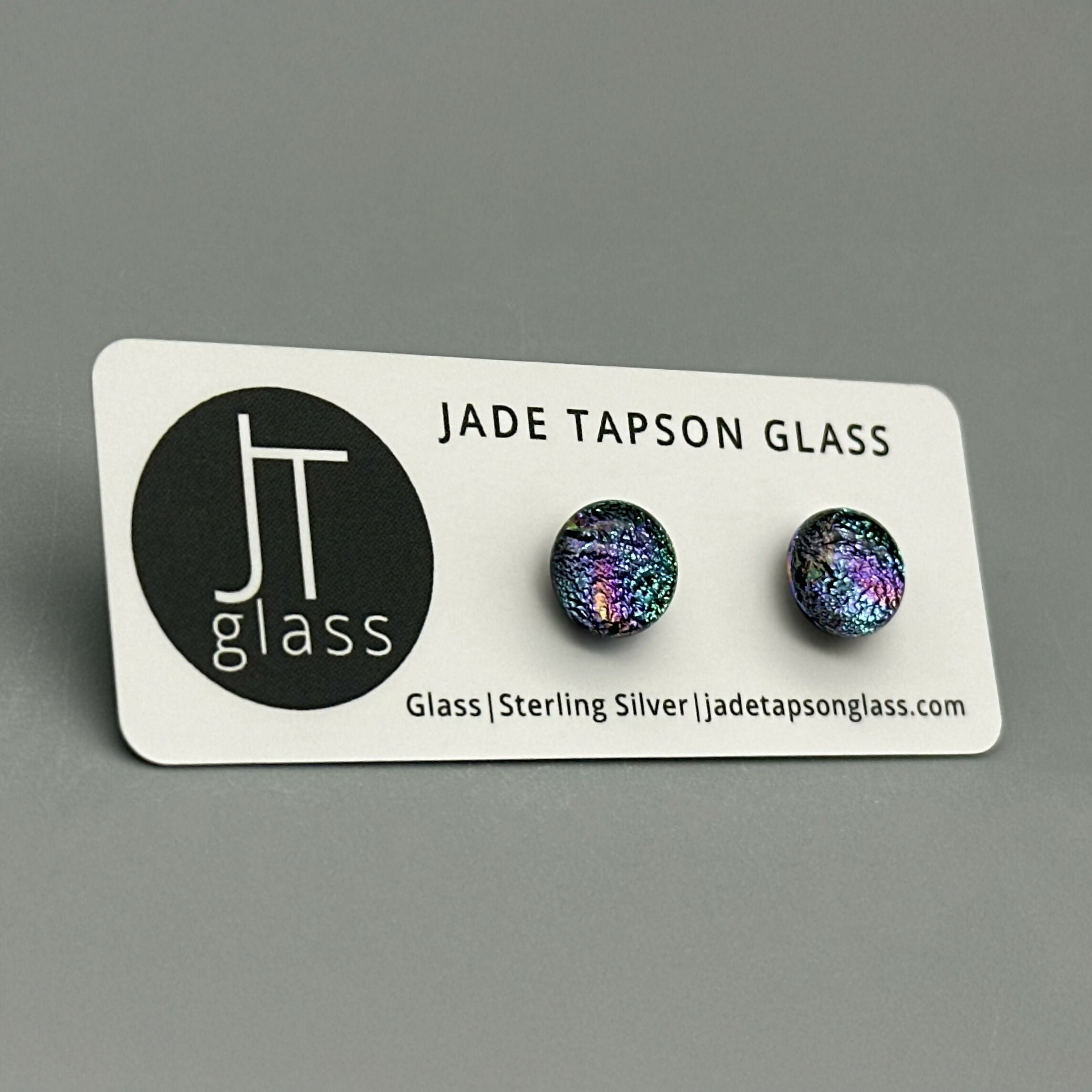 Rainbow Dichroic Fused Glass Sterling Silver Stud Earrings - Handmade by Jade Tapson Glass.