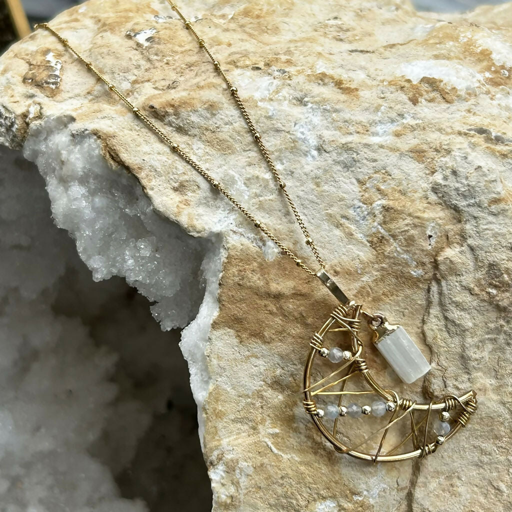 Handmade Gold Vermeil Labradorite And Selenite Moon Necklace