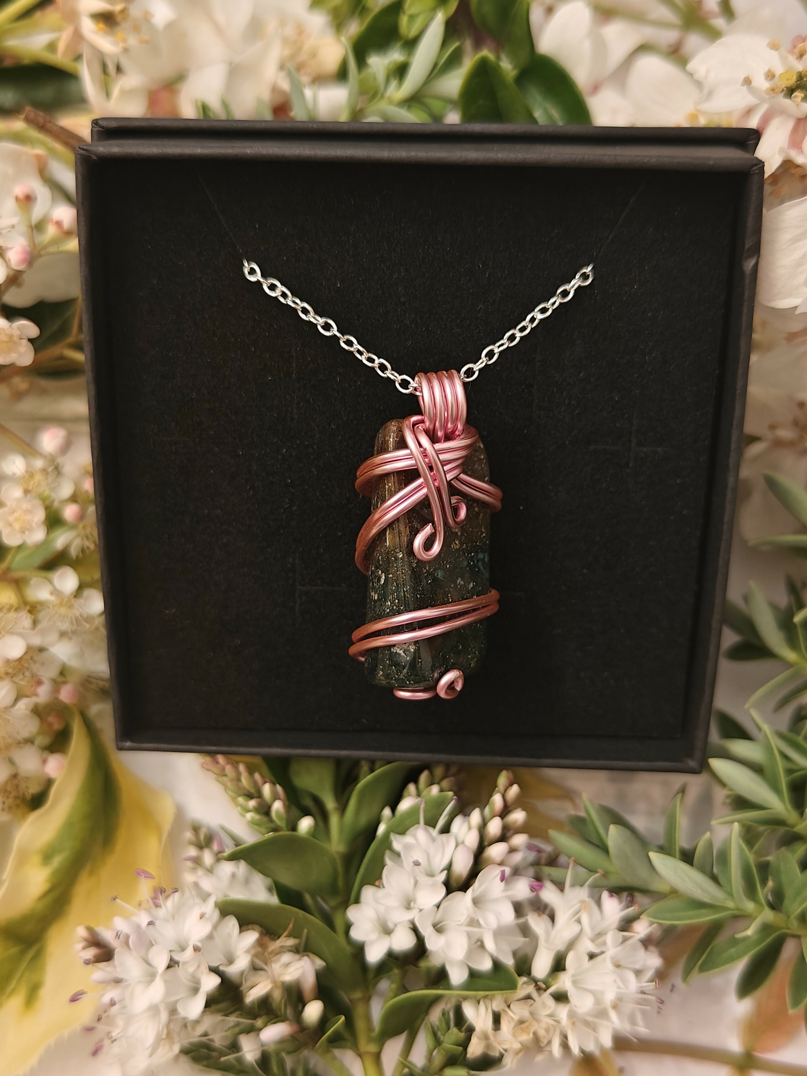 Jasper Wire Wrapped Crystal Necklace on Sterling Silver Chain