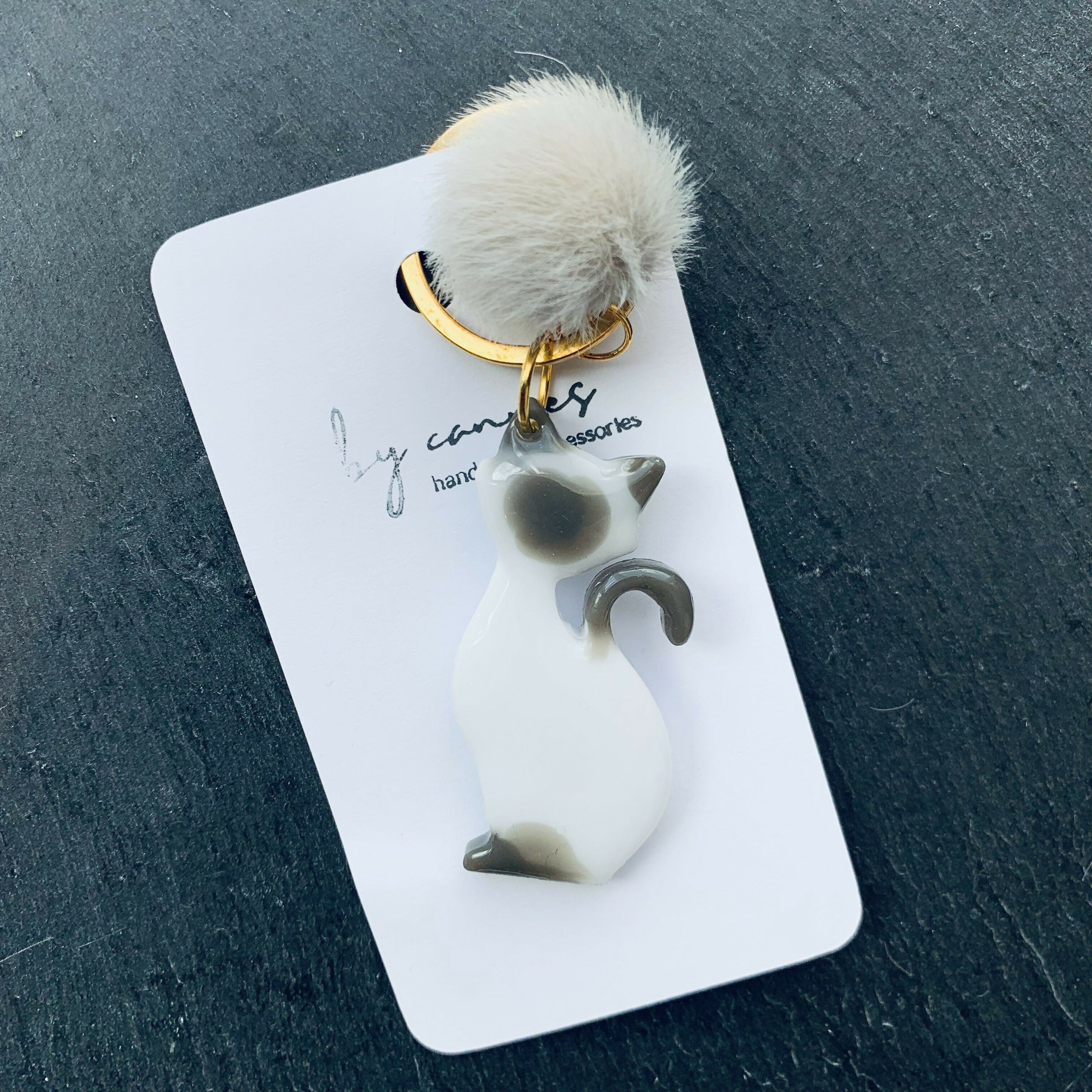 Handcrafted Resin Cat Keyring, Bag Charm with Pom Pom
