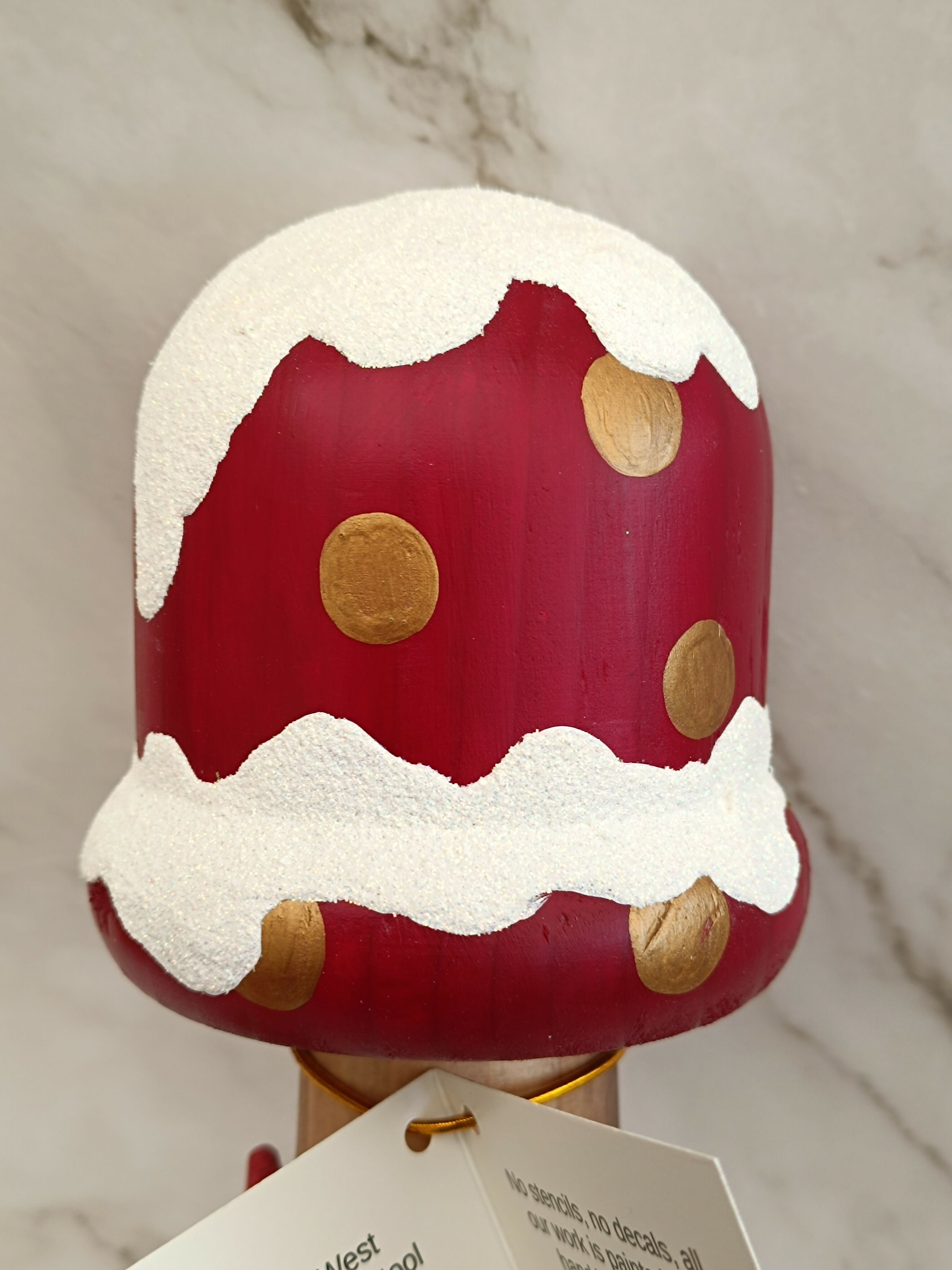 30cm Red Handmade, Free Standing Painted Wooden Bell Shaped Topped Toadstool Elf House With Double Snow - Whimsical Woodland Ornament & Holiday Keepsake