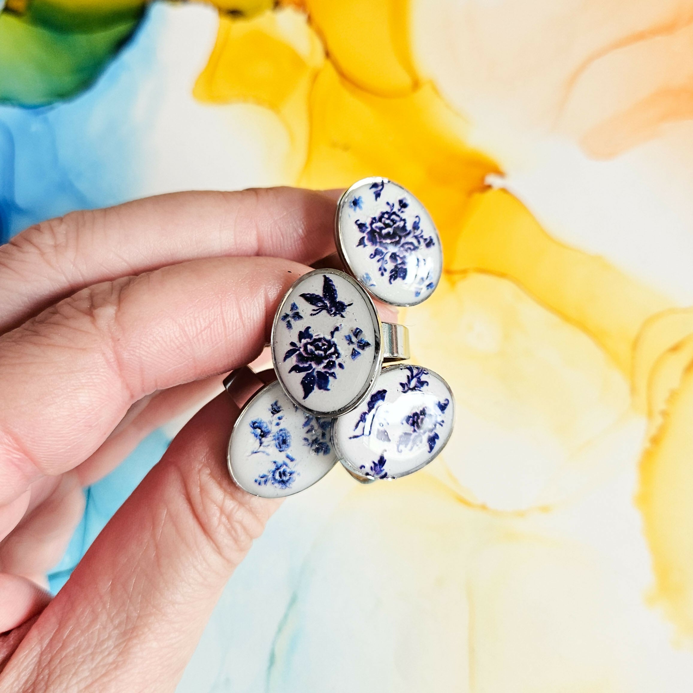 Handmade Resin Porcelain Print Style Ring