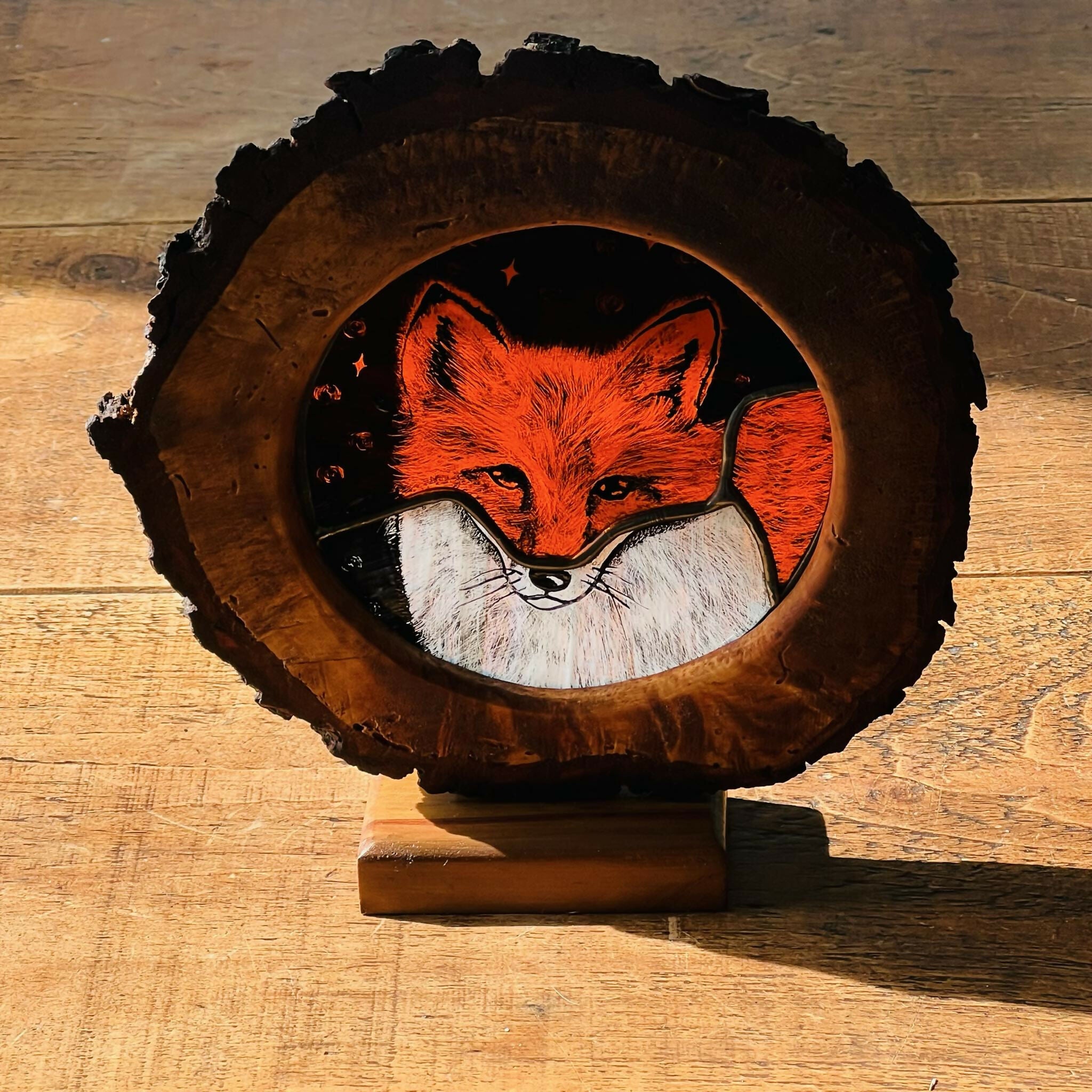 Hand Painted Stained Glass Forest Creatures in Wood Log