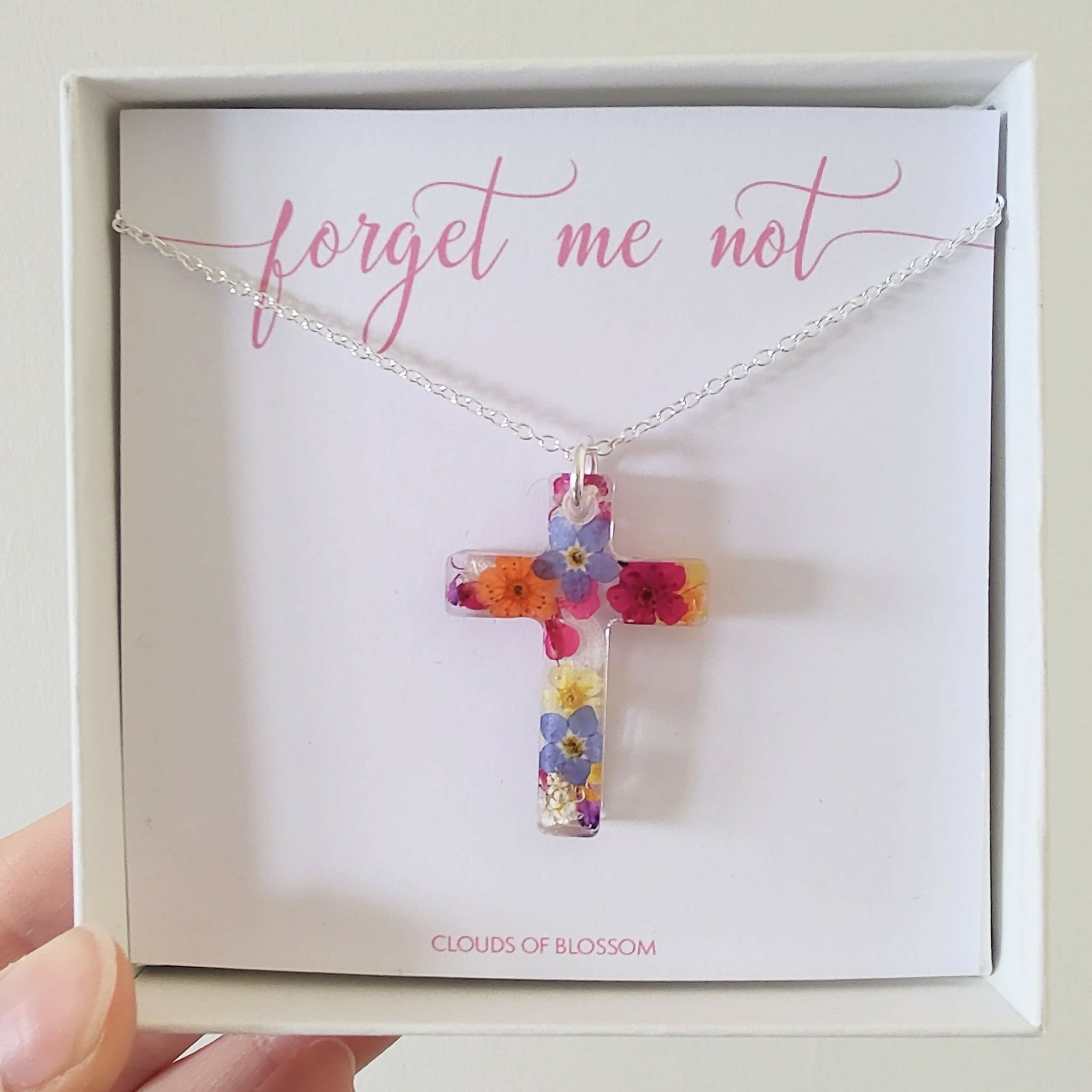 Real Flower Multicolour Cross Necklace Silver Plated