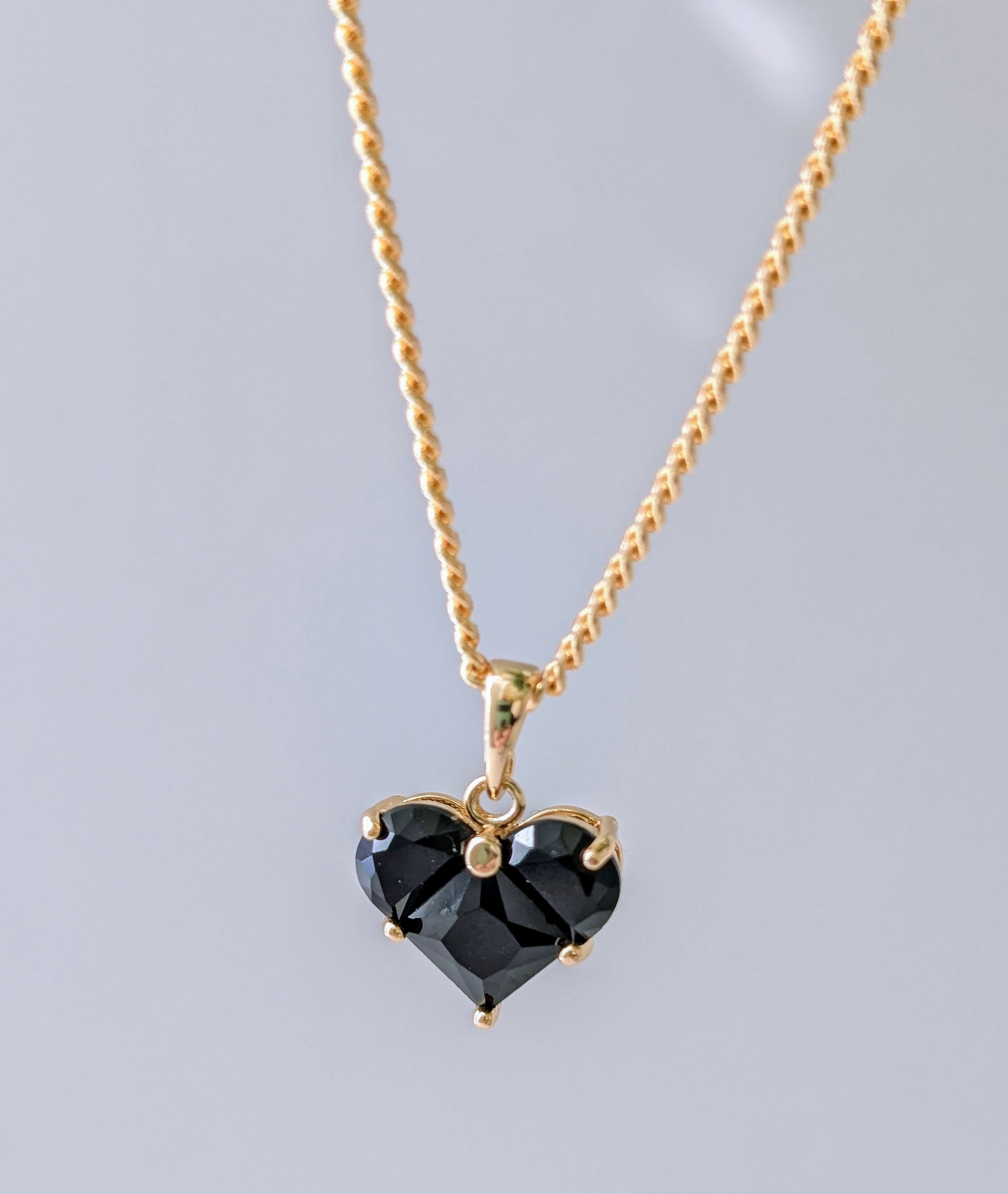 Midnight Black Zirconia Heart Charm Necklace on a Gold Plated Chain