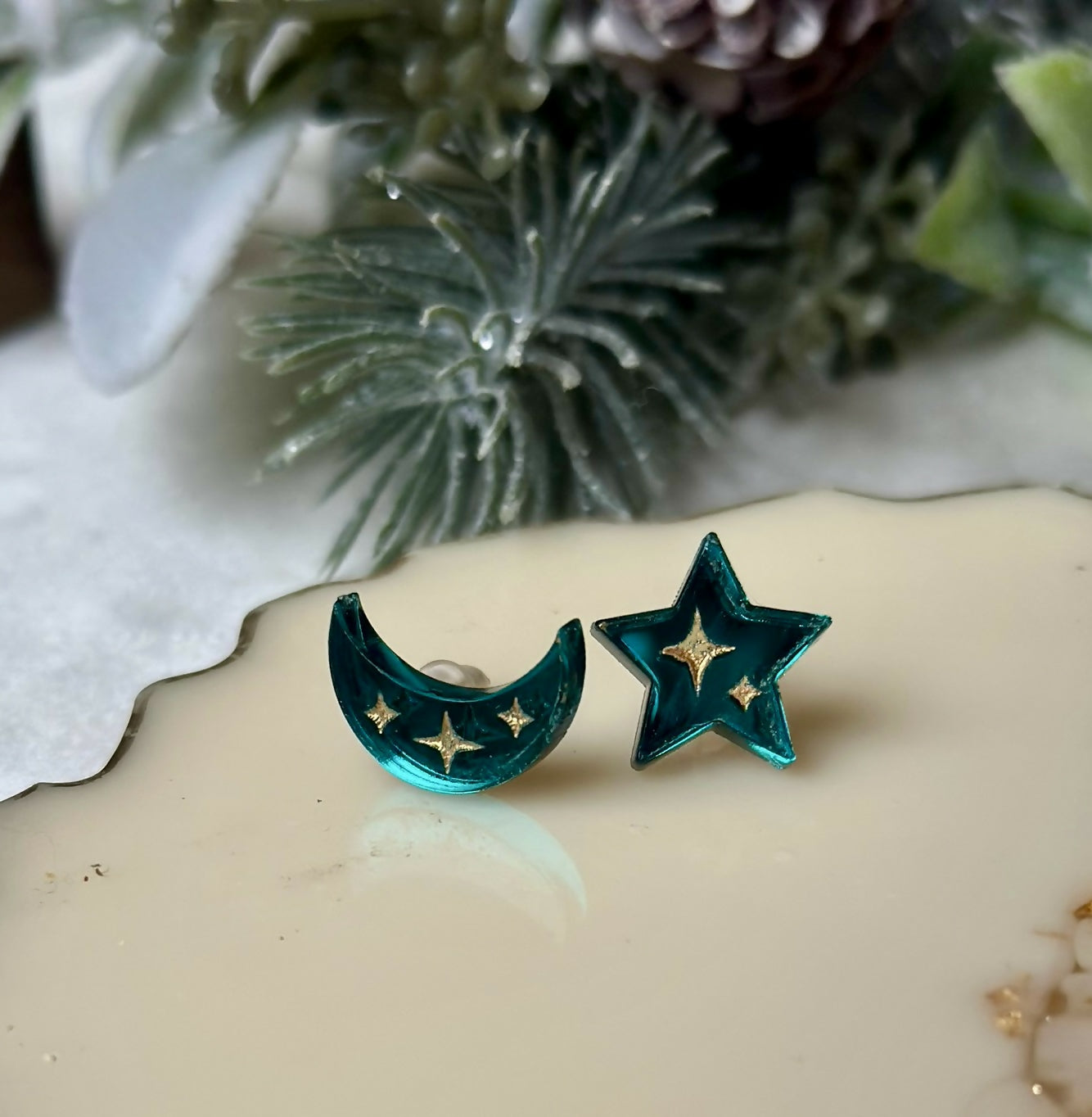 GOLD ENGRAVED MOON AND STAR STUDS