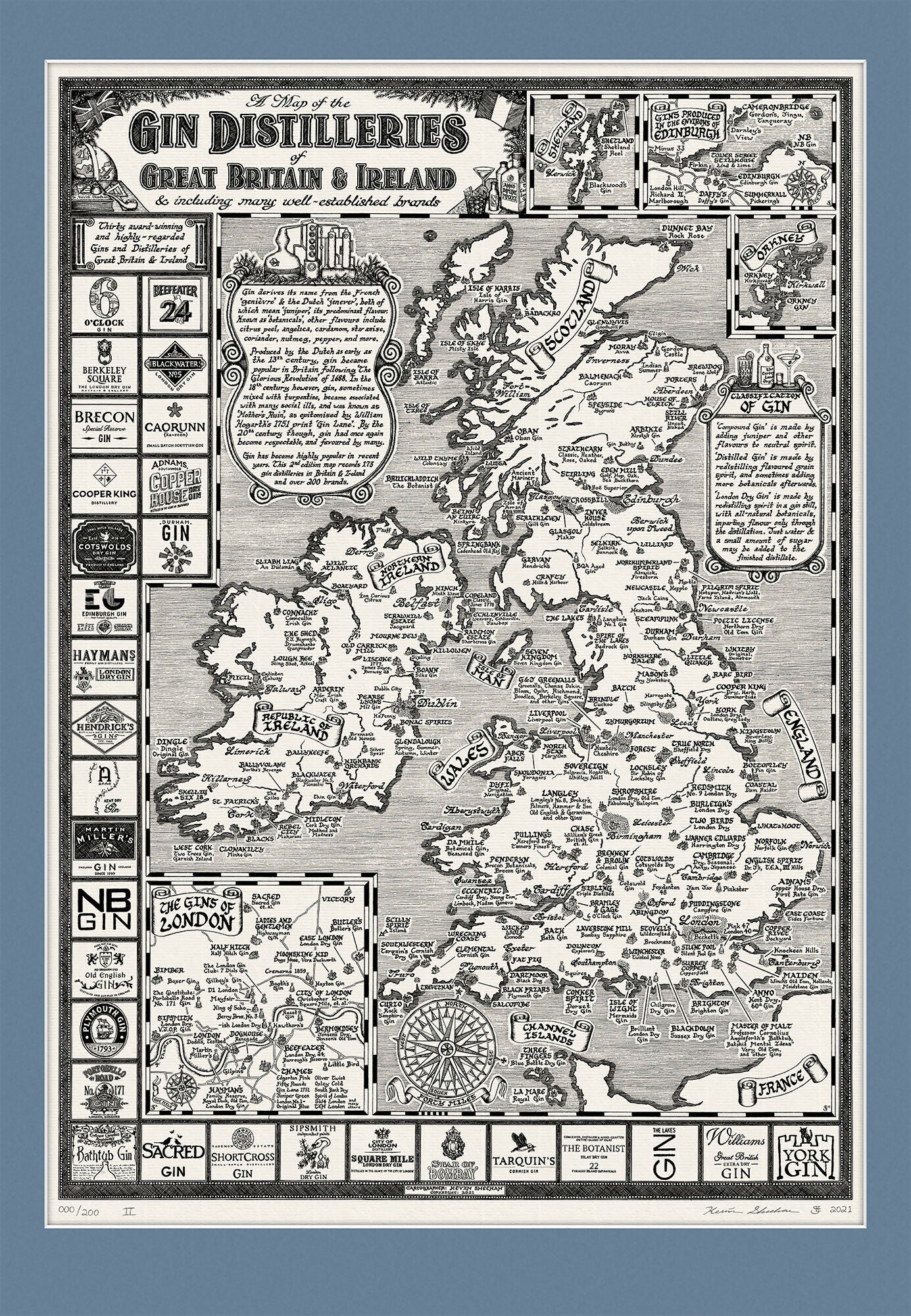 Gins of Britain & Ireland Map Hand Drawn Art Print